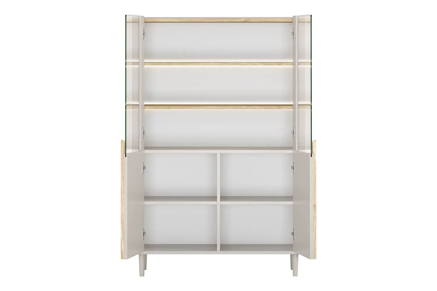 Witryna 2-drzwiowa AMILIO 100 oświetlenie LED - cashmere / dąb olejowany uchwyty dąb jasny nogi cashmere - B_169212