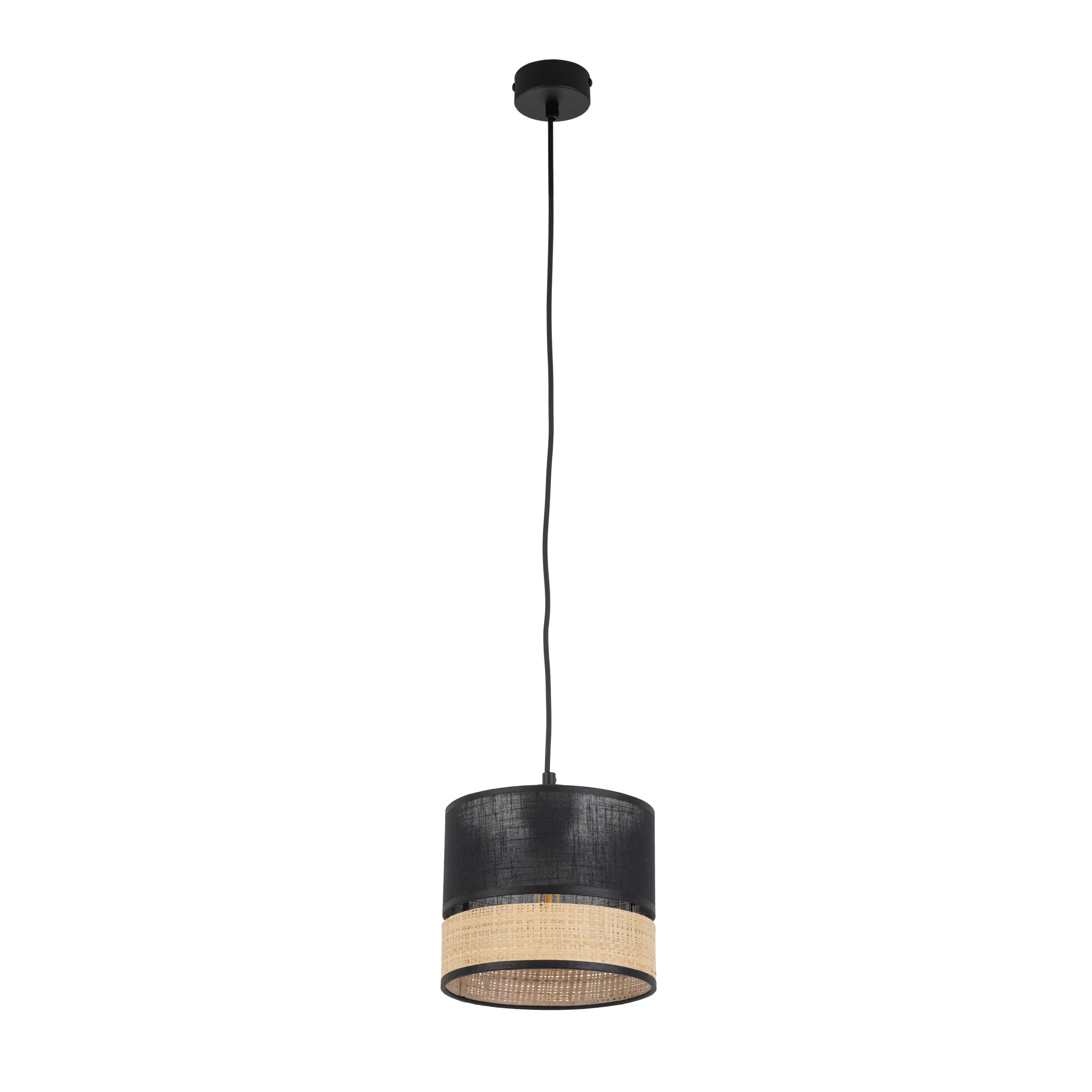 Lampa wisząca PAGLIA na czarnej podstawie i przewodzie czarny rattanowy okrągły klosz z tkaniny 160x20cm