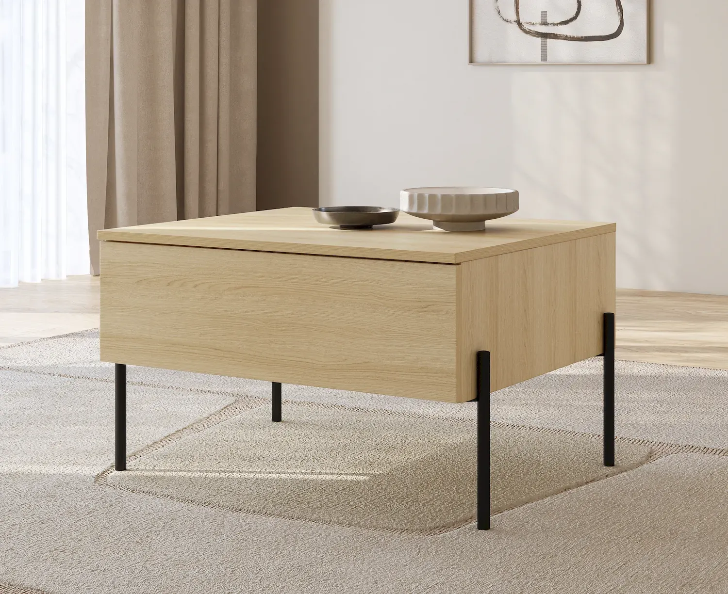 Stolik kawowy z szufladą ORE 61x70 cm dąb lindberg czarne nóżki - 24LGOG98