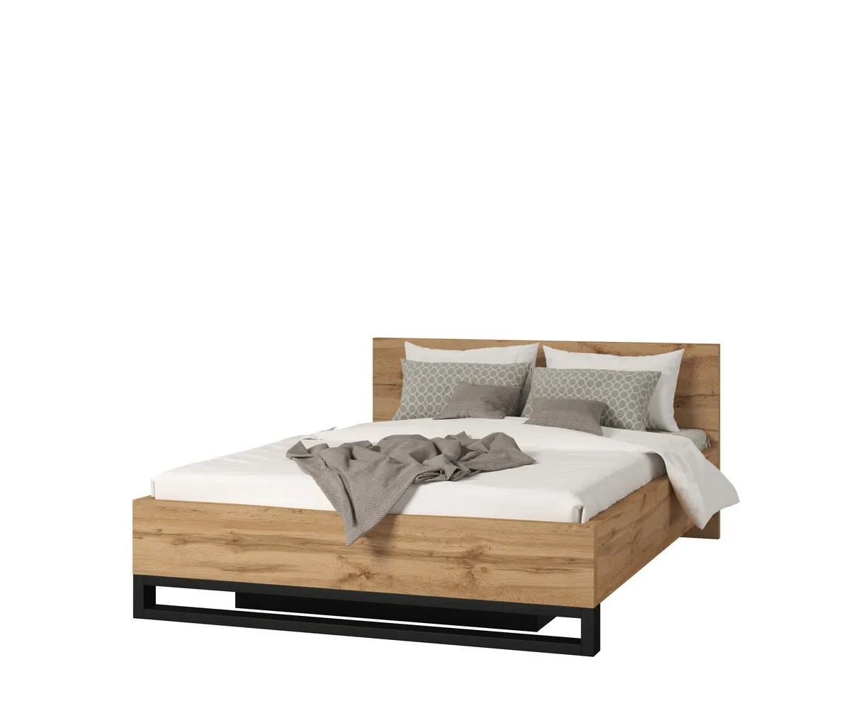 Łóżko z zagłówkiem i pojemnikiem HALLE S 140x200 dąb Wotan/czarne nogi