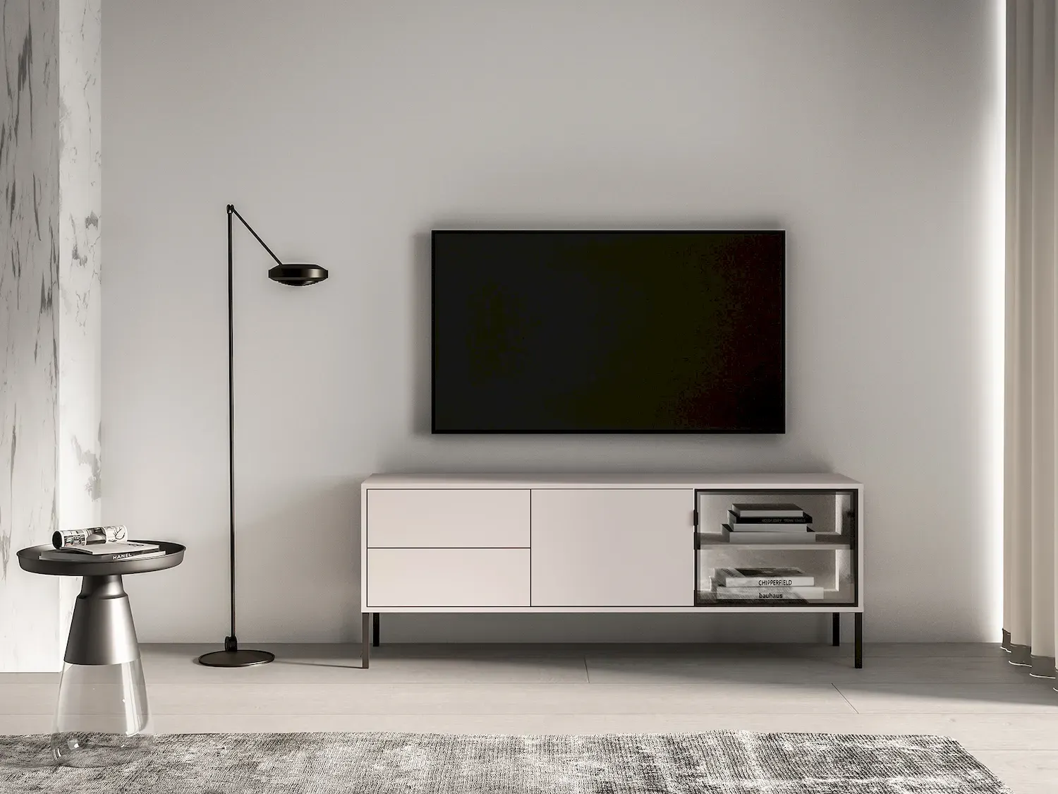 Szafka RTV 2-drzwiowa z 2 szufladami BARNEE 04 oświetlenie LED cashmere — zdjęcie 8