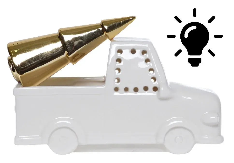 Porcelanowe AUTO Z CHOINKĄ W BAGAŻNIKU podświetlane duże biało-złote