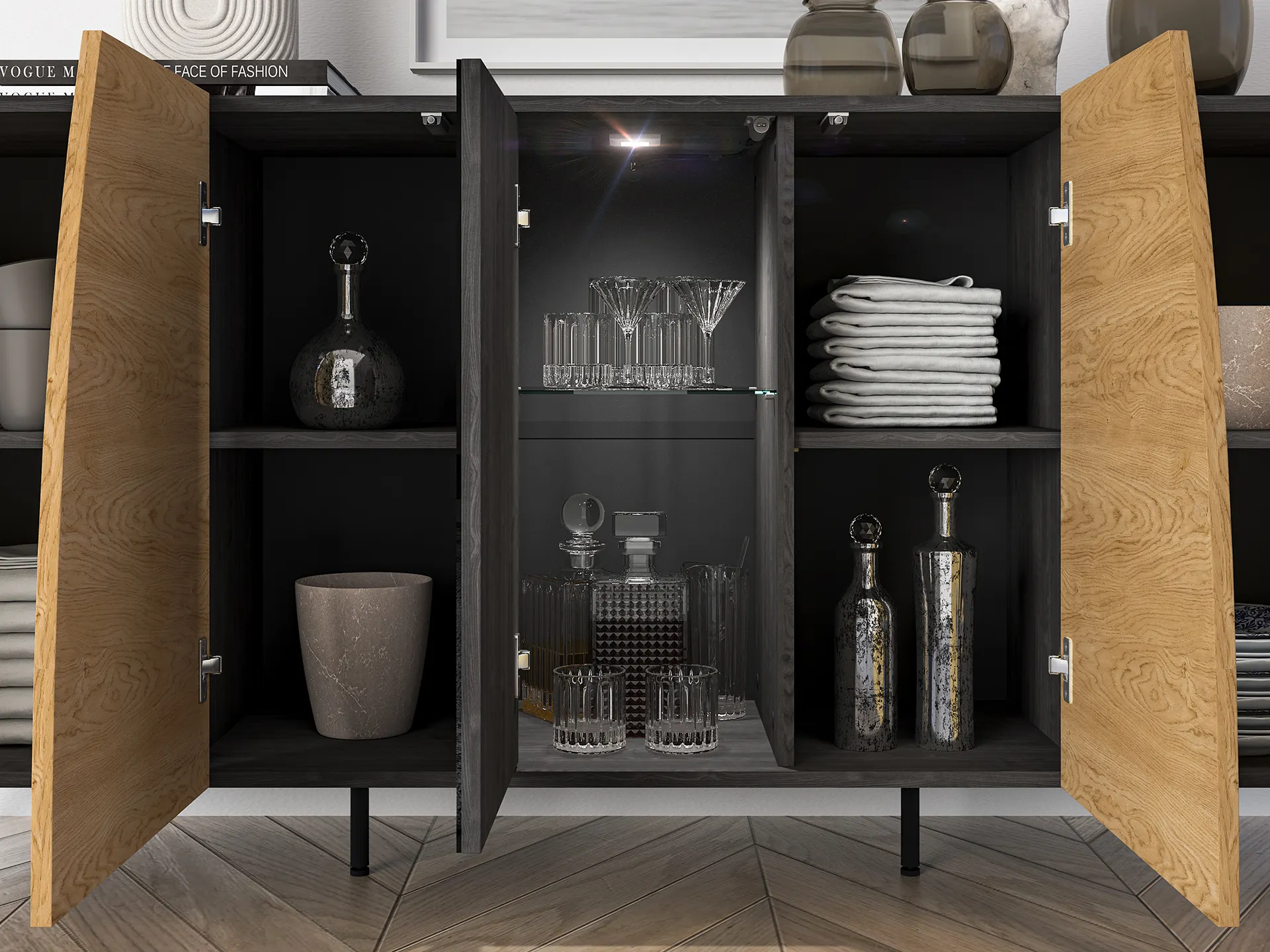 Komoda 5-drzwiowa TOSCANIA 04 dąb baltic dune jesion prestige czarny - 1TOSC04-001