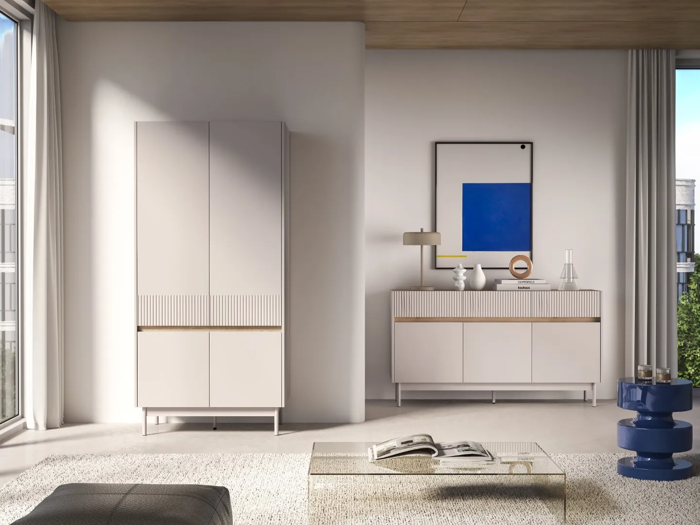 Szafa 4-drzwiowa z drążkiem DUNEA 196x92 ryflowana kaszmir - dąb cremona - 1DUNE01-001