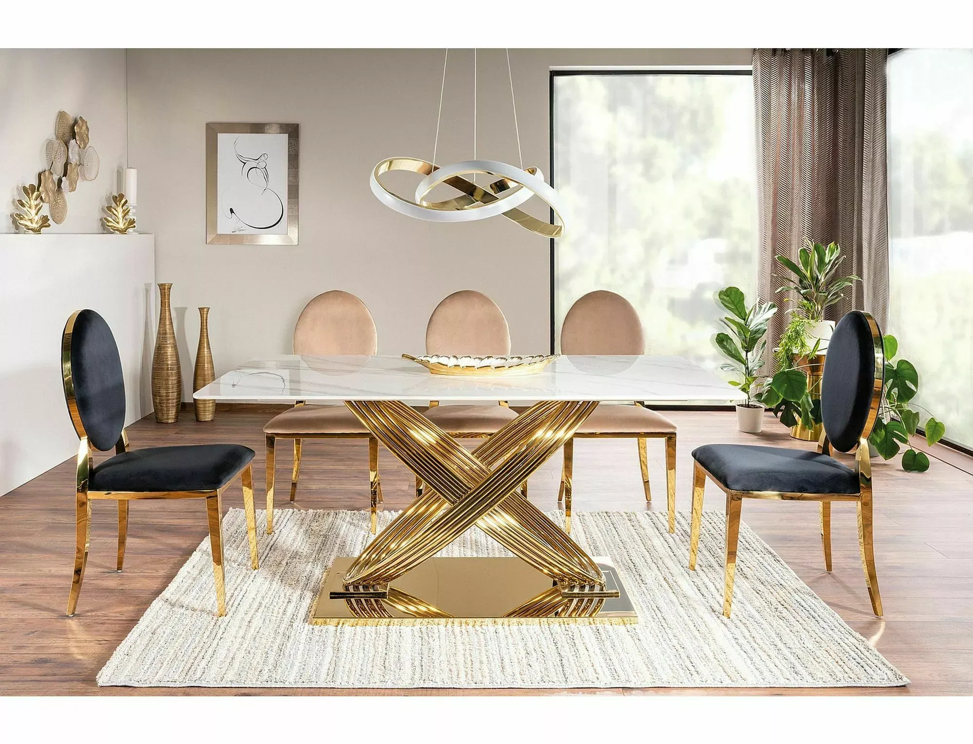 Stół nierozkładany HERMES 90x160 efekt marmuru biały połysk stelaż złoty - HERMESBZL160