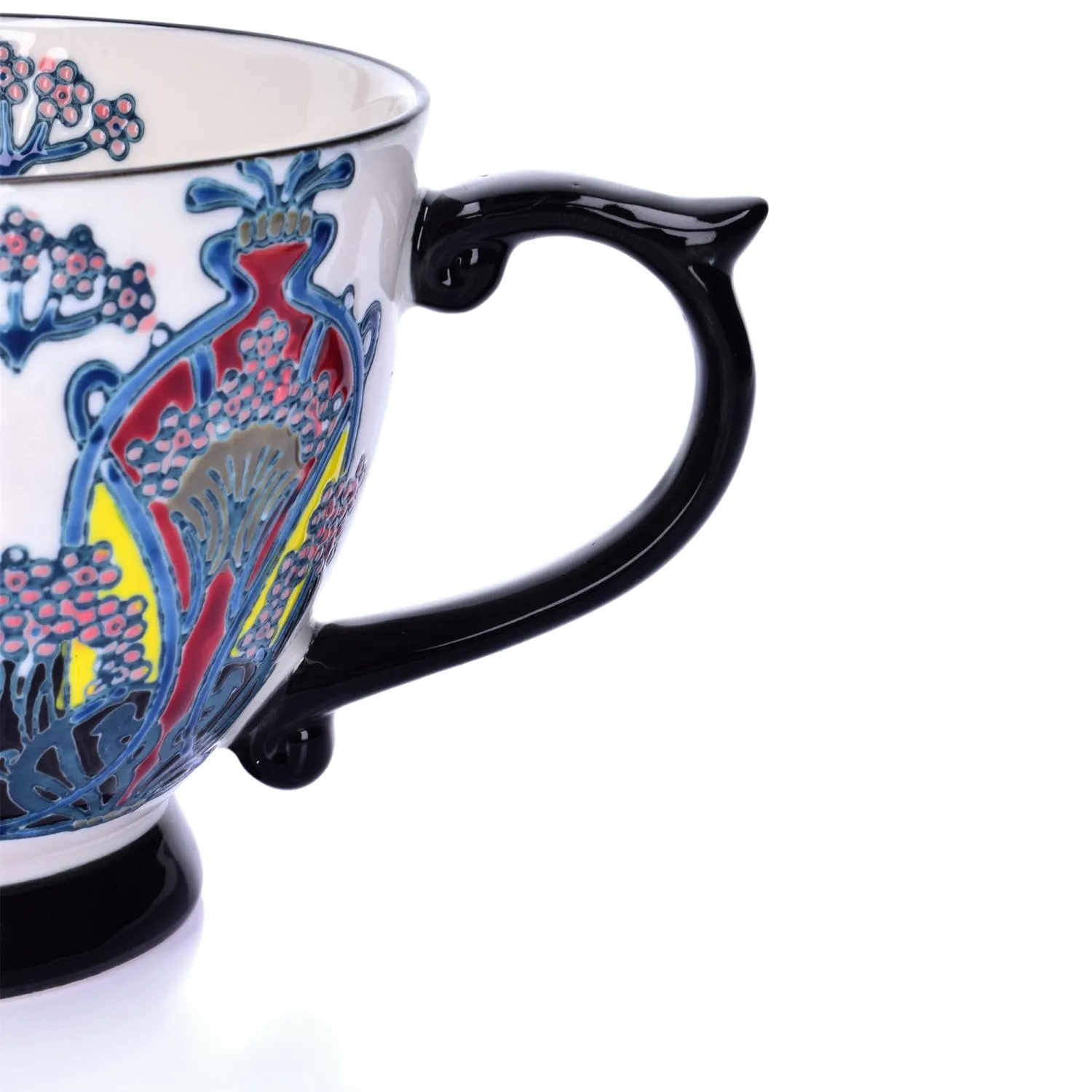 image kubek, ceramiczny, ręcznie malowany, niebiesko-czerwony, ozdobny uchwyt
