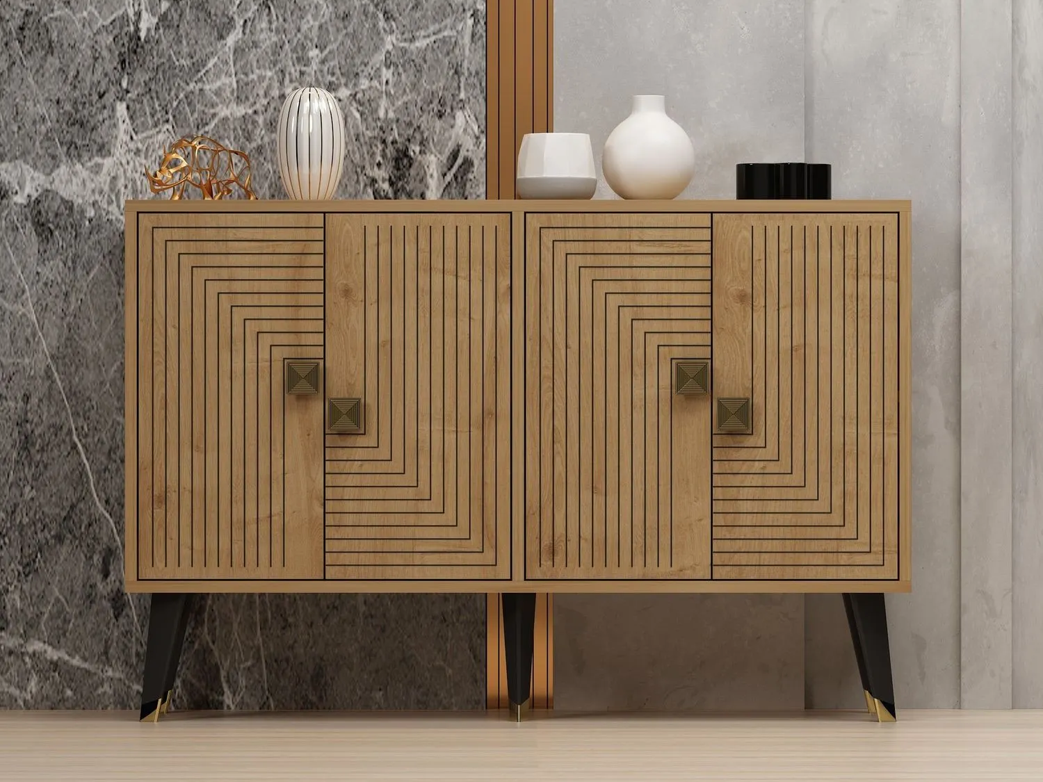 Komoda 2-drzwiowa z geometrycznym zdobieniem AHART 120 cm dąb naturalny czarno-złote nóżki — zdjęcie 3