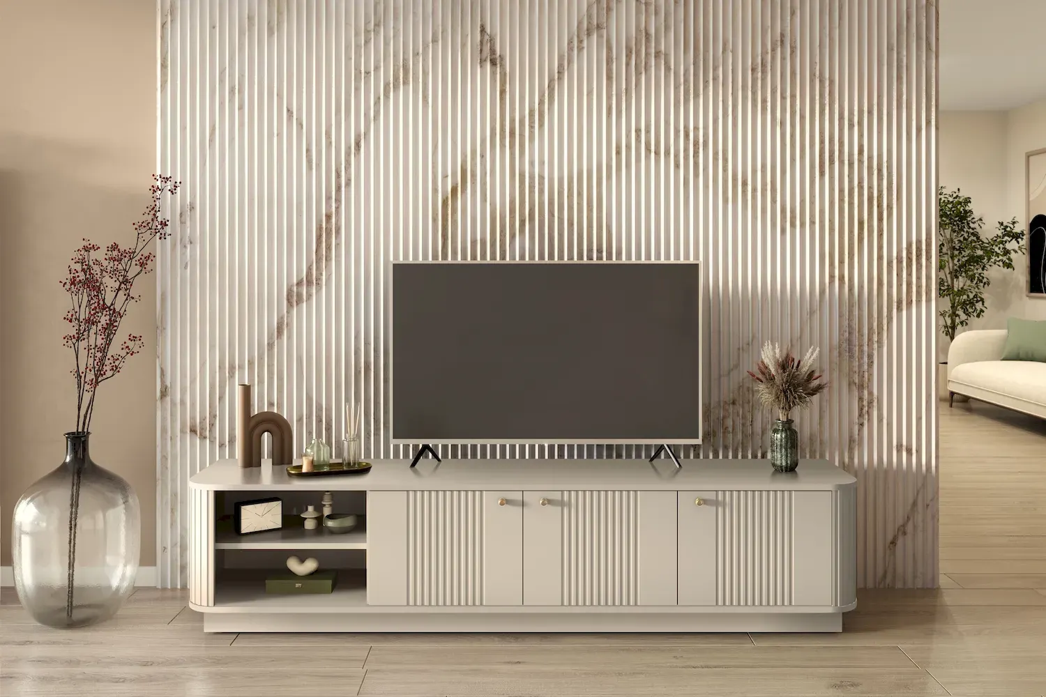 Szafka RTV 3-drzwiowa VESPER ryflowany front - cashmere złote uchwyty cokół - B_169445