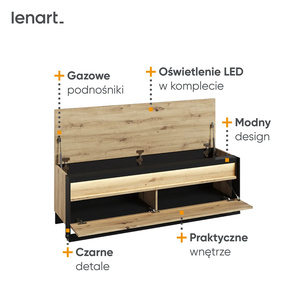 Szafka na buty z podnoszonym siedziskiem LED Quant QG-04 dąb artisan/czarna - QG4DAC