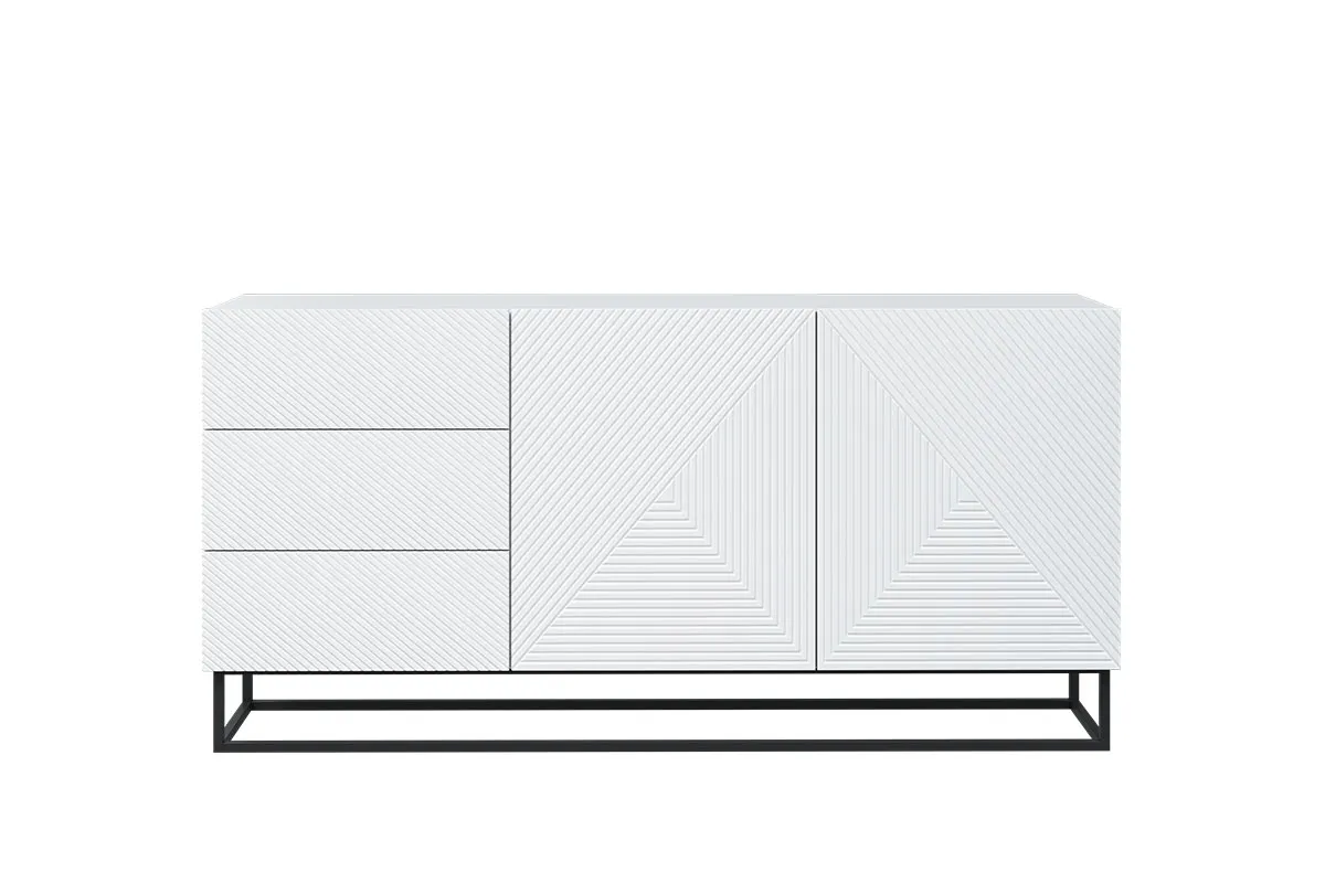 Komoda 2-drzwiowa z 3 szufladami ASHA 167 z szufladami - biały mat - czarny stelaż - ryflowany front - B_57057