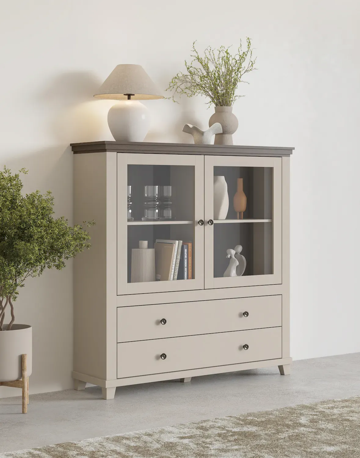 Witryna niska 2-drzwiowa z 2 szufladami EVORA WM beż jasny dąb dunin - 24D1JU46