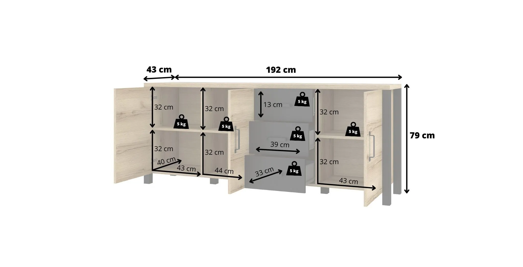 Komoda 3-drzwiowa OLIN 192 cm czarna dąb grand naturalny