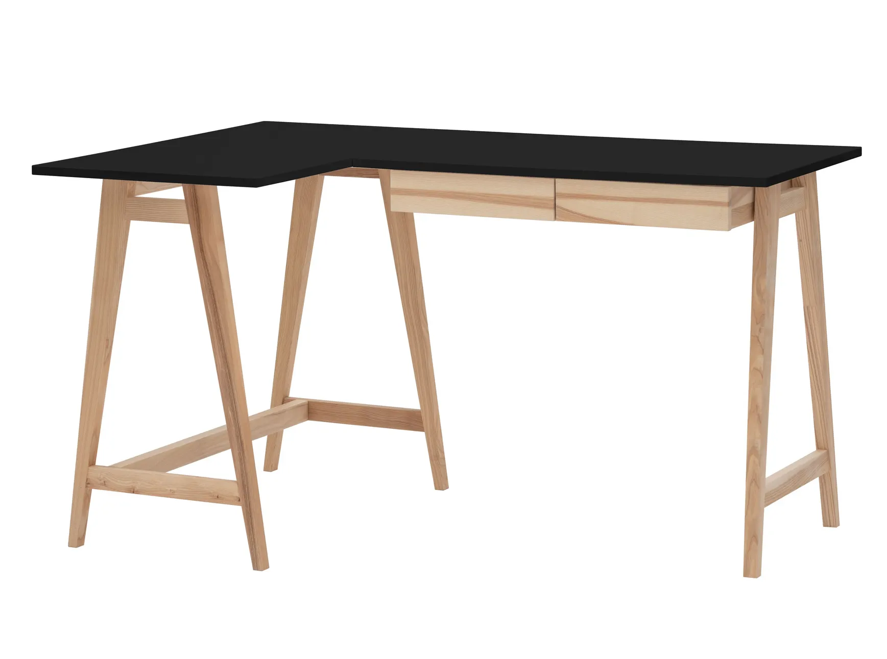 Biurko narożne z szufladą LUKA lewostronne 135x85 czarny blat/drewniane nogi Biurko, Meble, Tabela, Stół do jadalni, Komputer