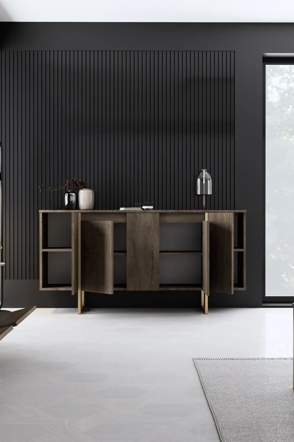 Komoda drewniana 4-drzwiowa LUXE 160 cm kolor orzechowy złoty stelaż — zdjęcie 7