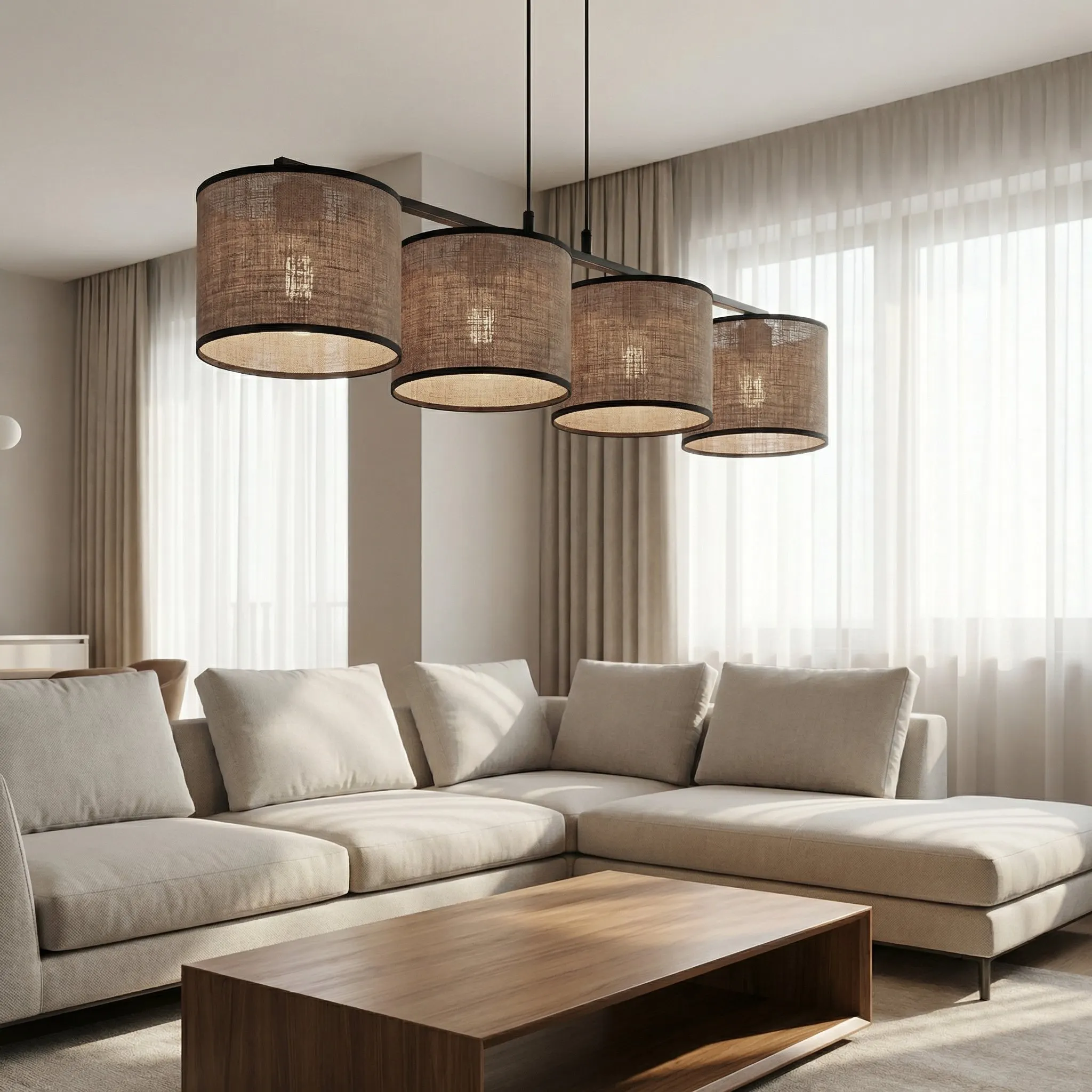 lampa sufitowa, lampy wiszące, kinkiety, jasny salon, sofa narożna