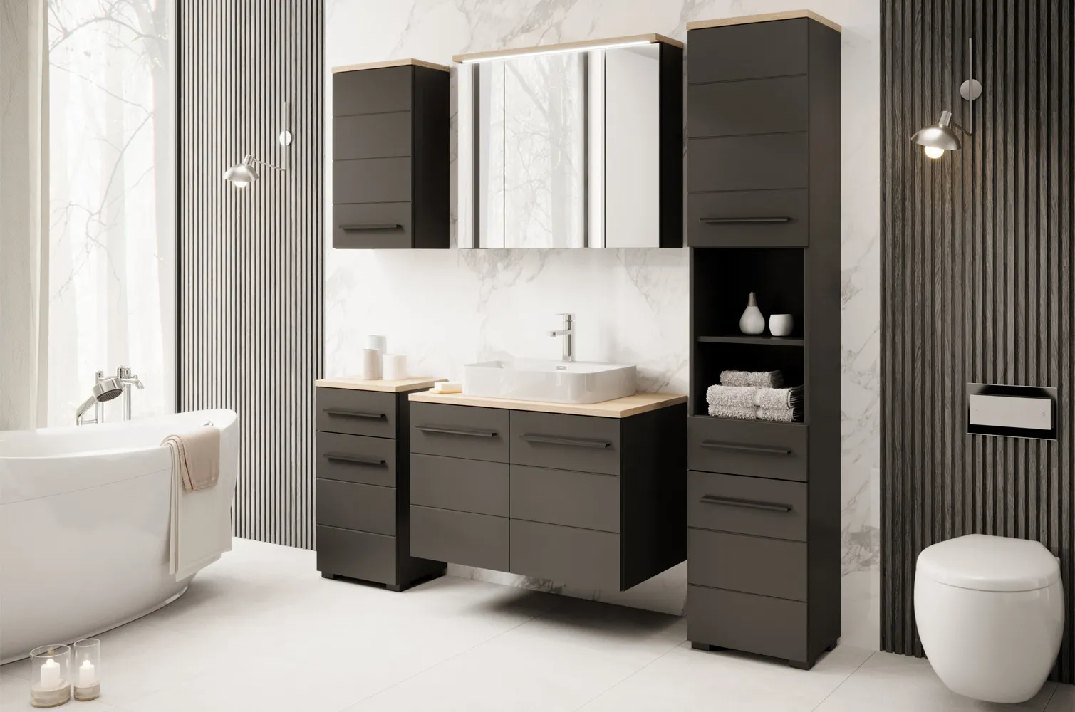 Szafka łazienkowa z szufladą wysoka SWING L/P 190x38 czarny mat/dąb Artisan - TH-100-1884