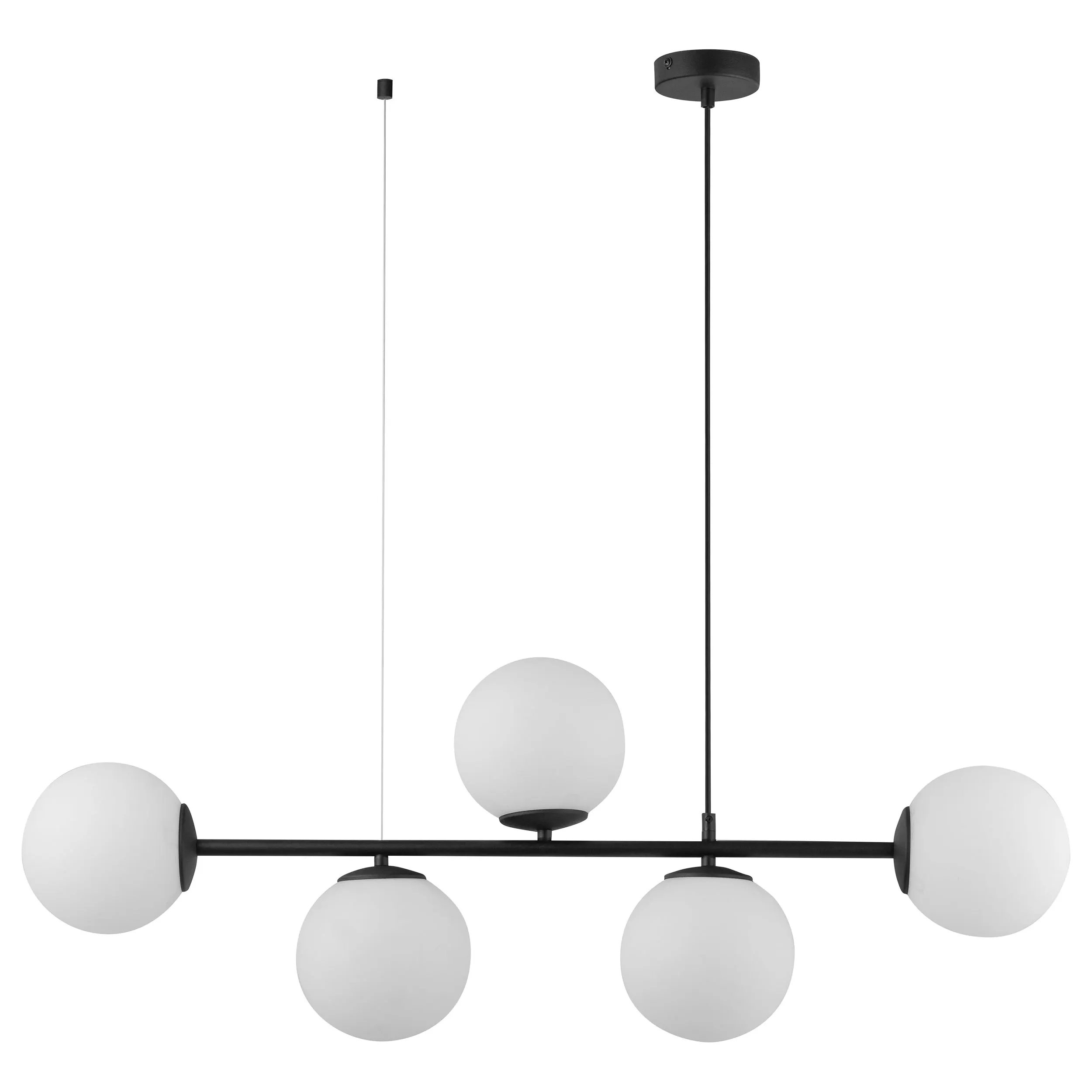 Lampa wisząca CELESTE czarna z białymi okrągłymi szklanymi kloszami 115x96x15cm