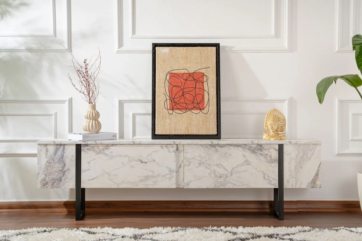 Szafka RTV 2-drzwiowa SERENITY 180 cm biała efekt marmuru/czarne nogi - ASI_241NRD1306