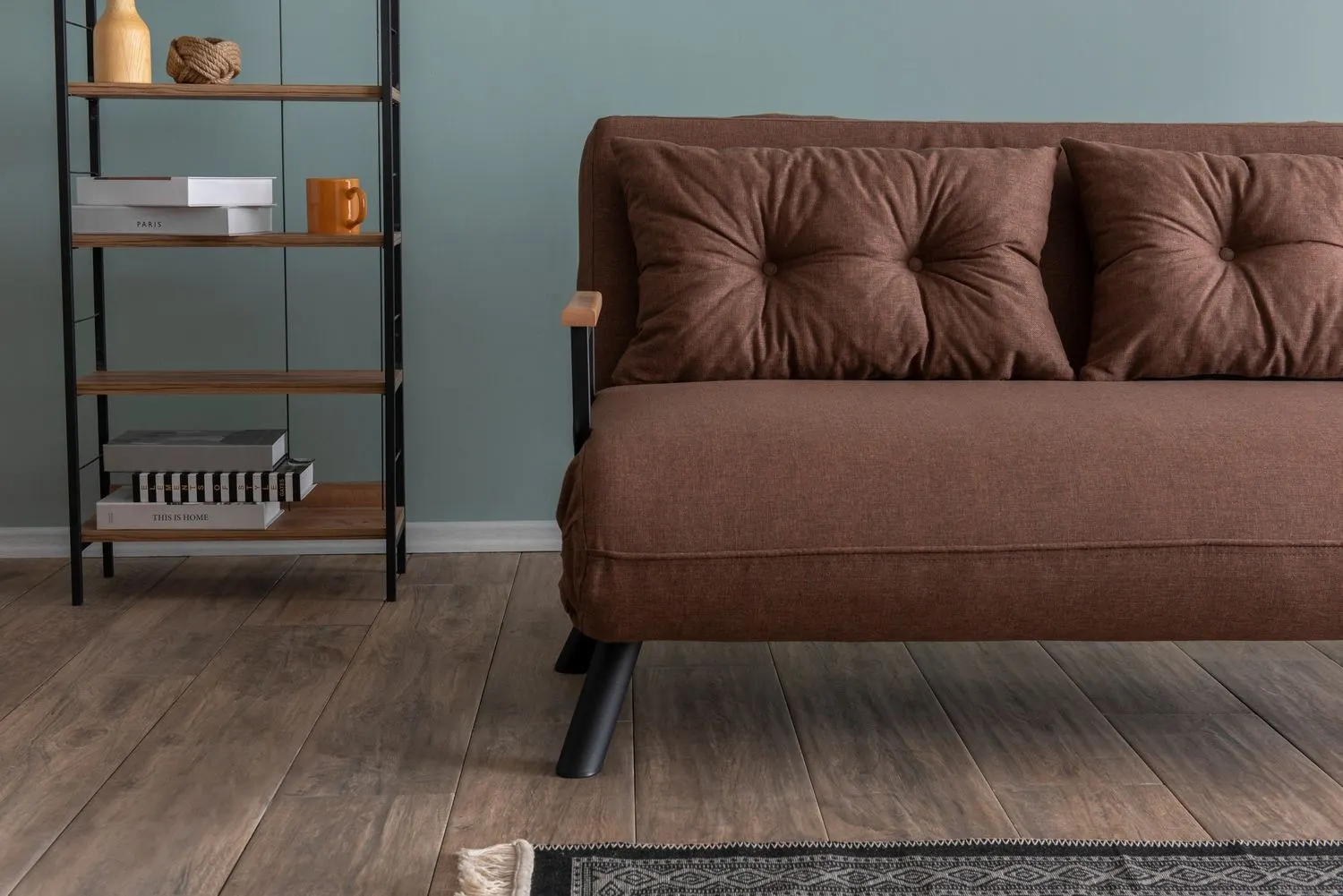 Sofa rozkładana 2-osobowa z lnianą tapicerką SANDO jasnobrązowa — zdjęcie 9