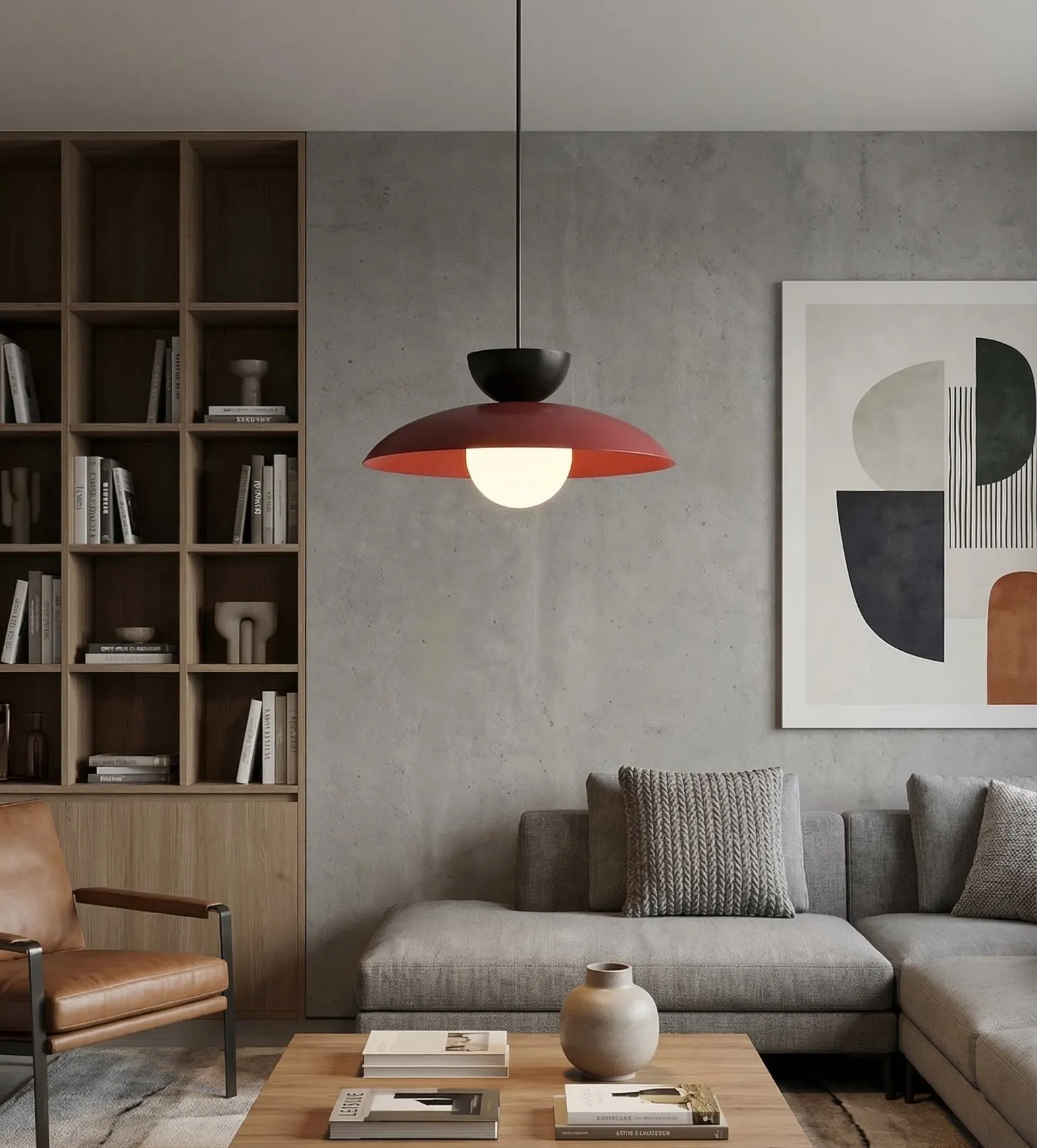 image lampa wisząca, kolor czerwony, wewnętrze mieszkalne, sofa szara, stolik kawowy