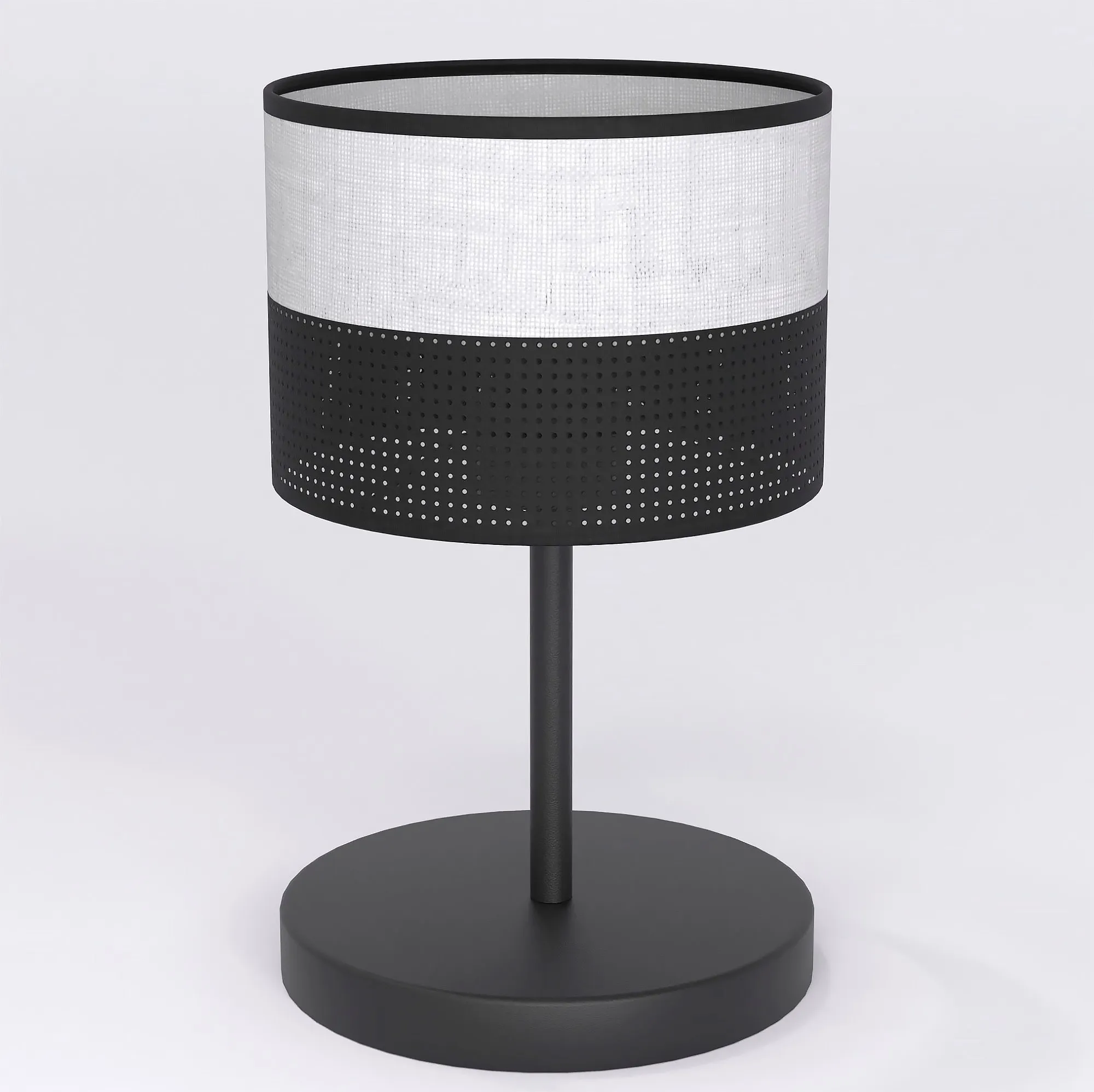 lampa stołowa, tkanina perforowana, kolor czarny, podstawa okrągła, metalowy design
