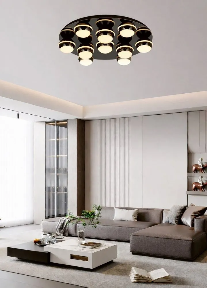 image lampa sufitowa, okrągła lampa, oświetlenie domu, salon nowoczesny, dekoracyjne światło