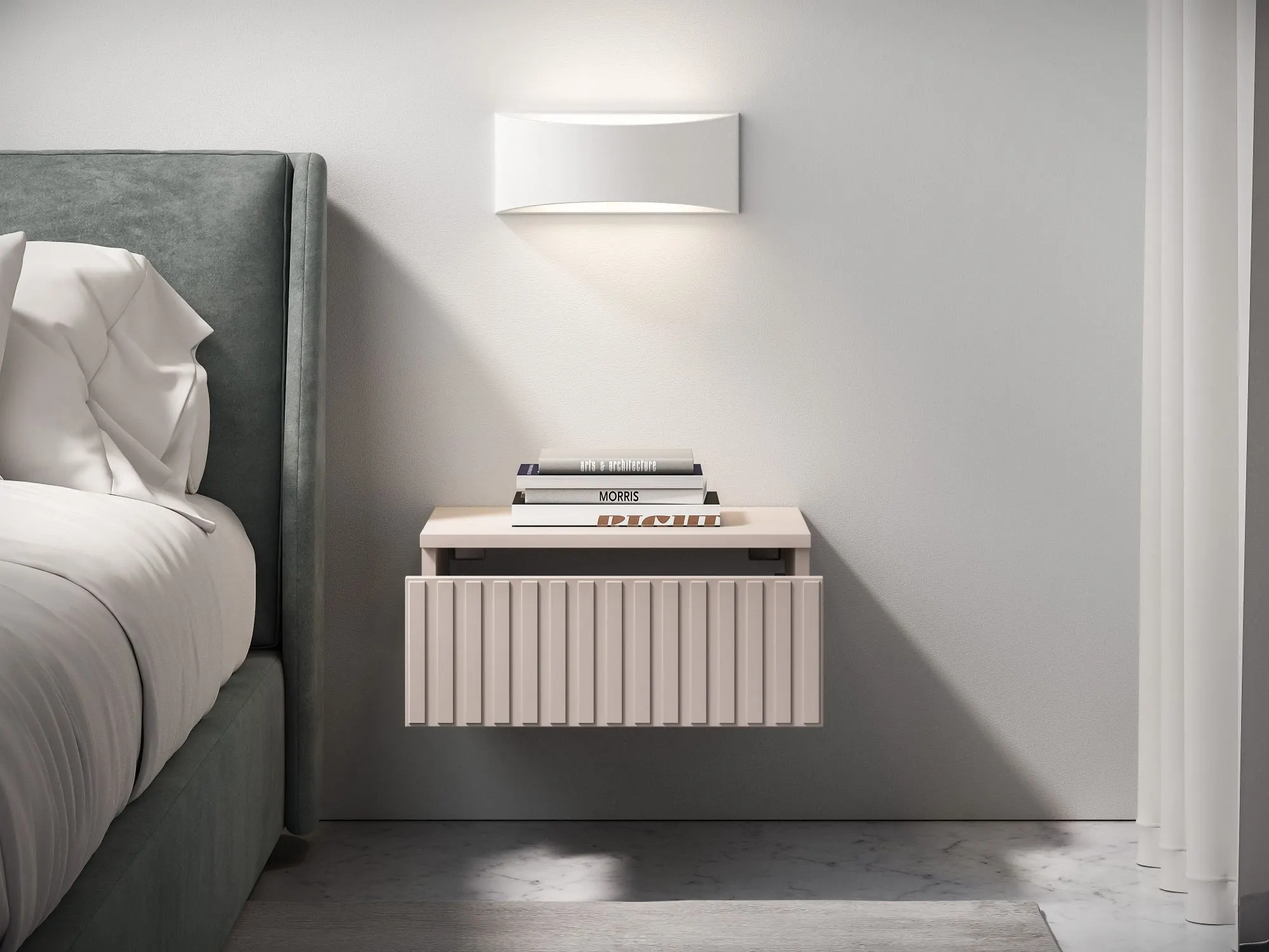 image łóżko, stolik nocny, radiator, lampka ścienna, książki