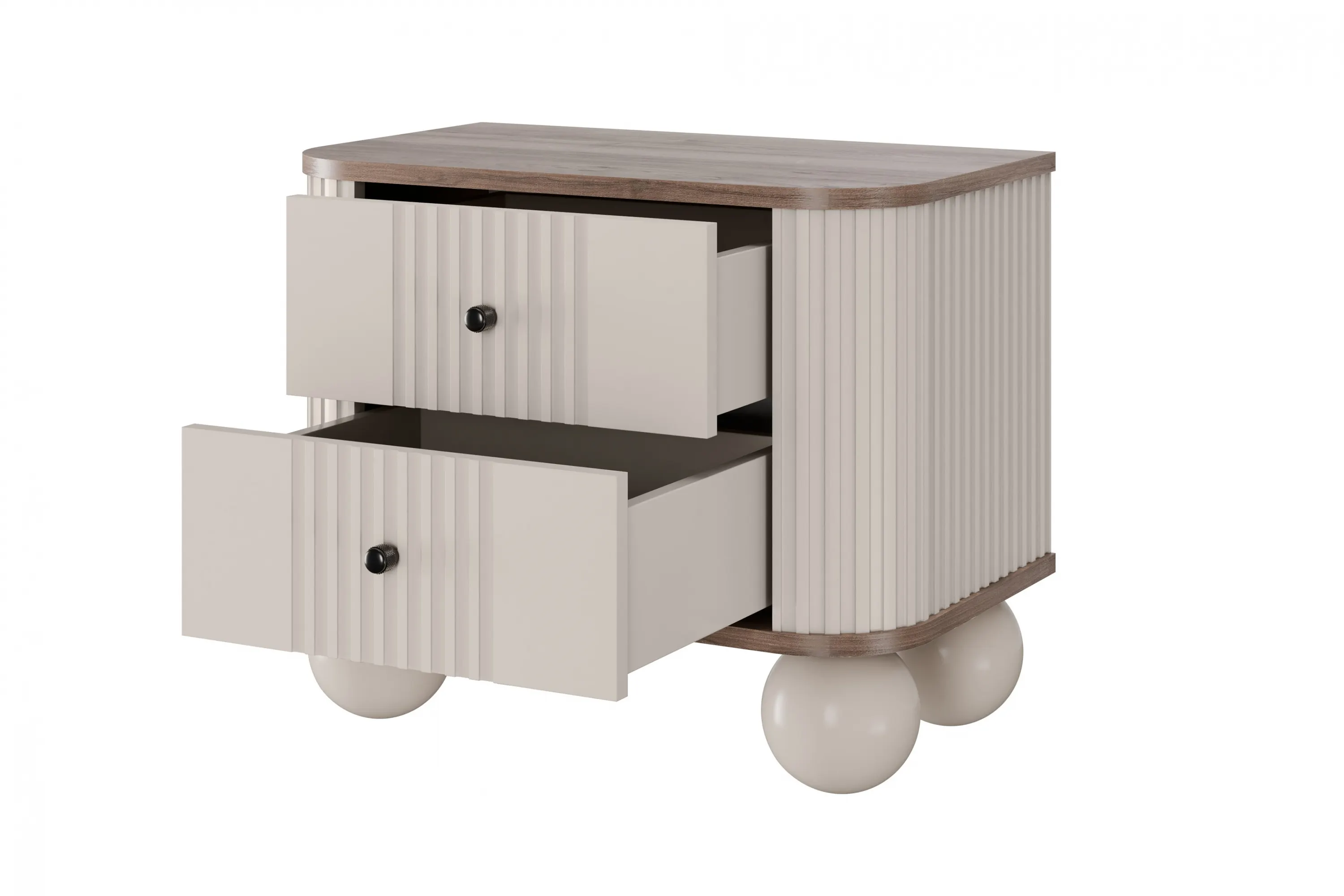 Szafka nocna z 2 szufladami VESPER 56 zestaw 2 sztuk ryflowany front cashmere orzech czarne uchwyty nogi kule - B_163839