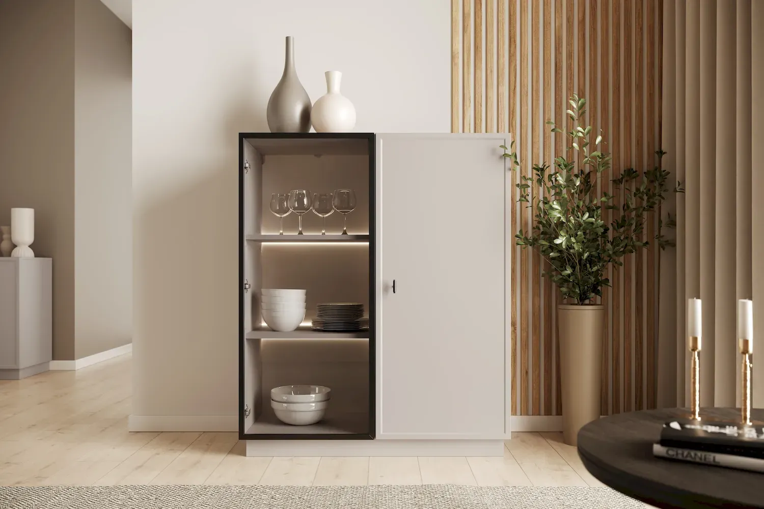 Witryna 2-drzwiowa LORINI 100 oświetlenie LED szkło Antosol - cashmere uchwyt T-bar czarny cokół