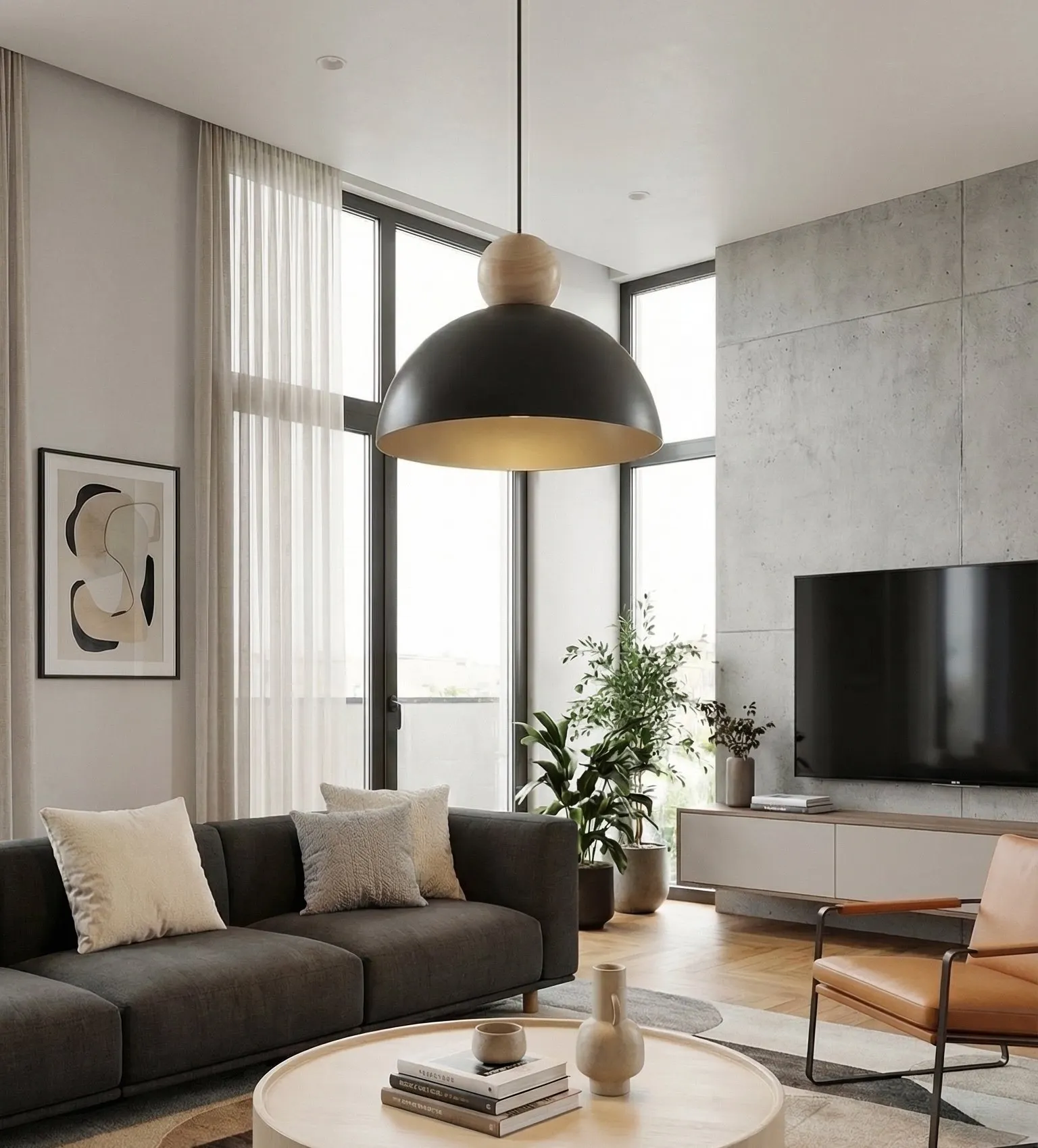 sofа, salon, lampa wisząca, styl skandynawski, konsola TV
