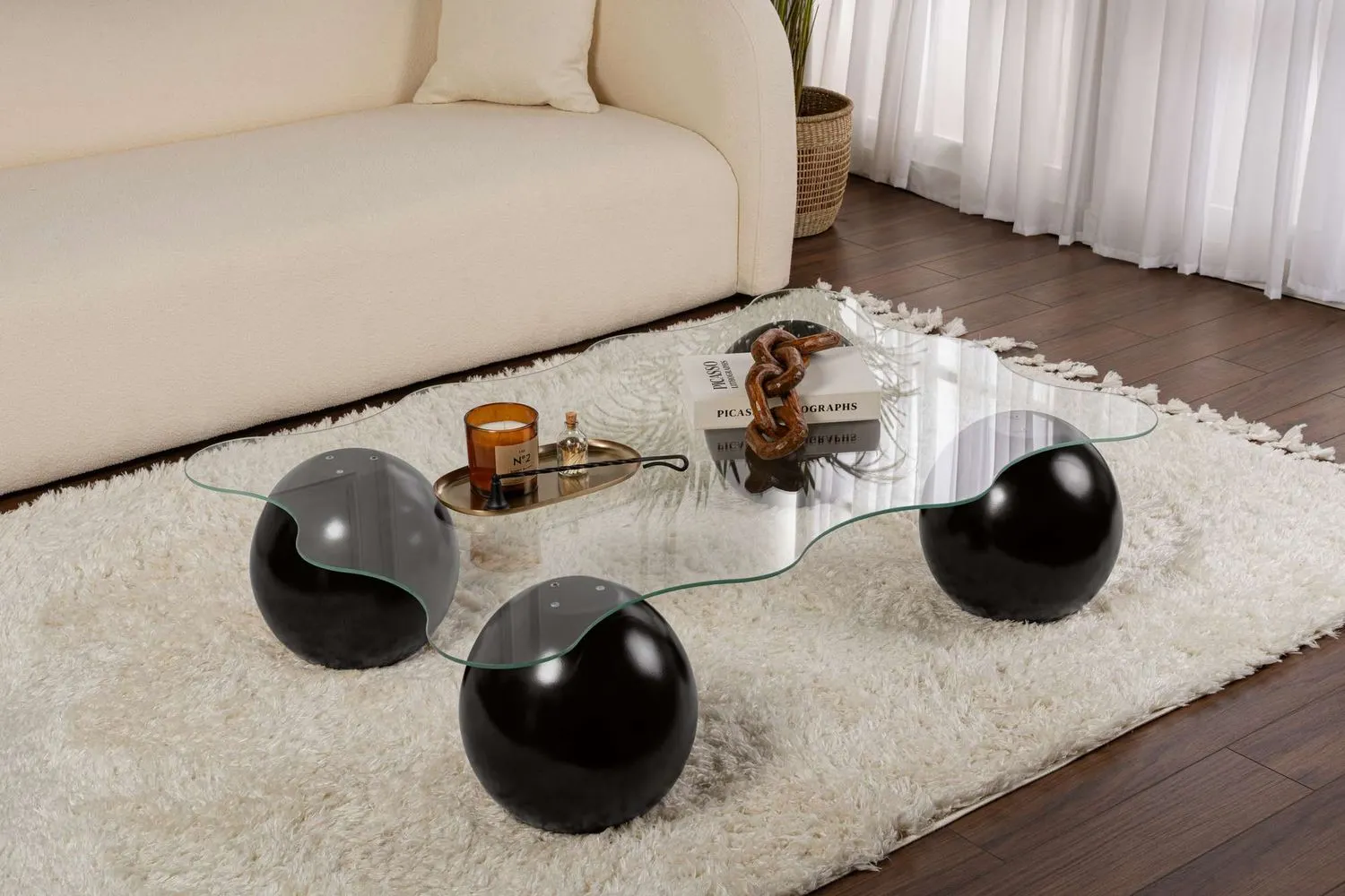 Stolik kawowy NOXA 80x120 cm nogi kuliste czarne blat transparentny - ASI_857NRD1116