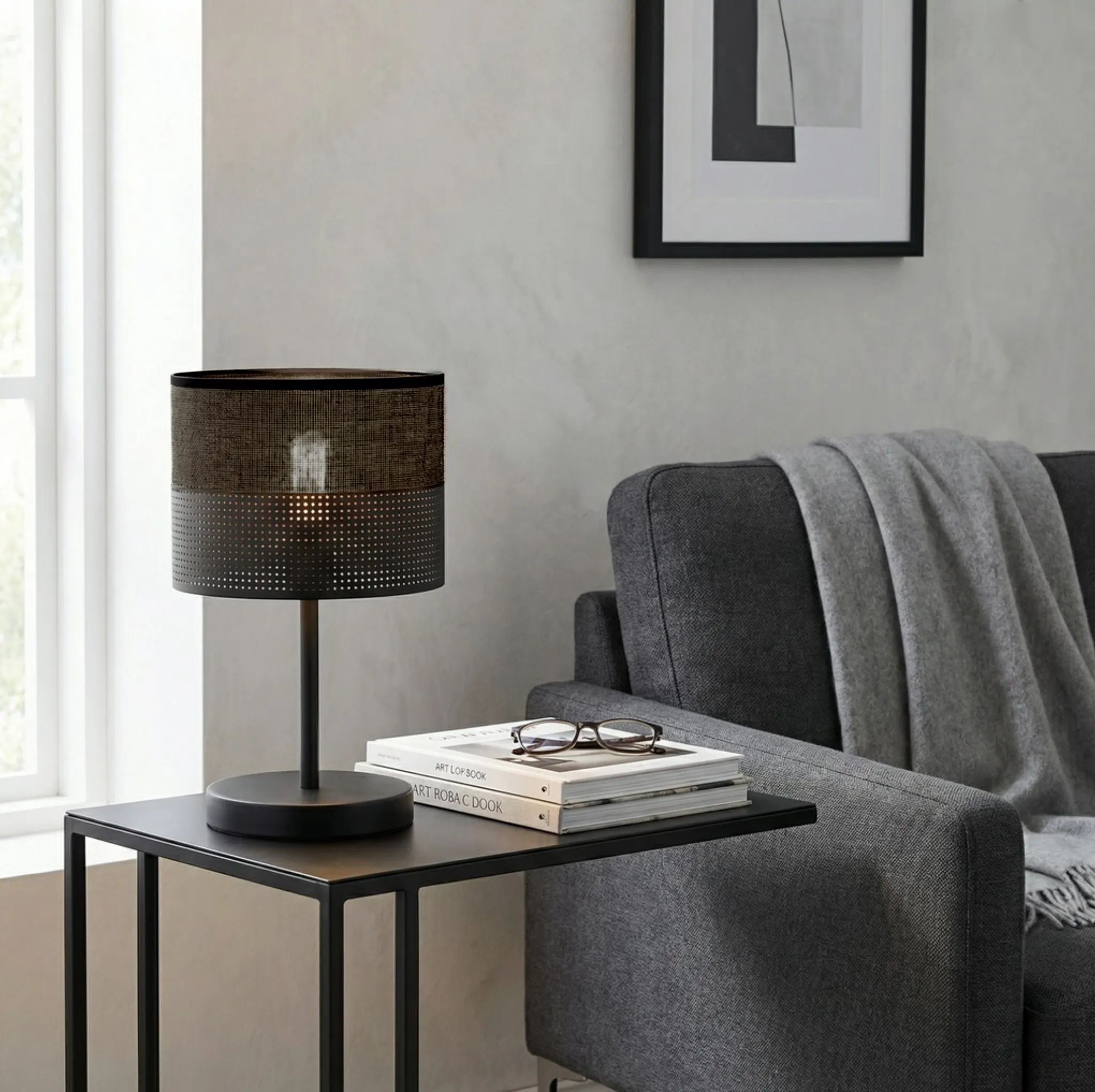 image lampa, lampka nocna, stolik boczny, sofa, okapowy design