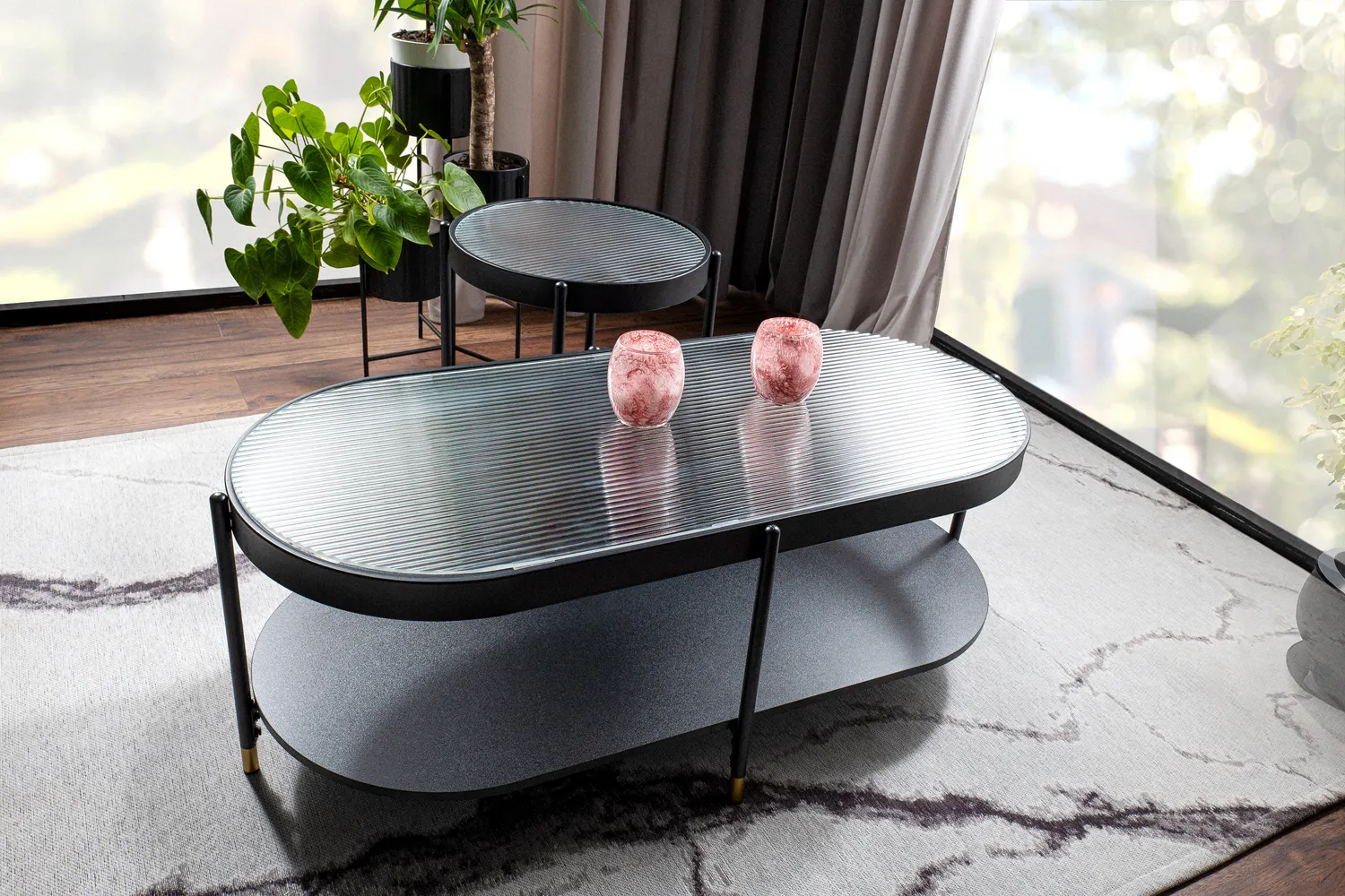 Stolik kawowy owalny z półką LAGUNA B BIAŁY/CZARNY 110X50 - LAGUNABBC