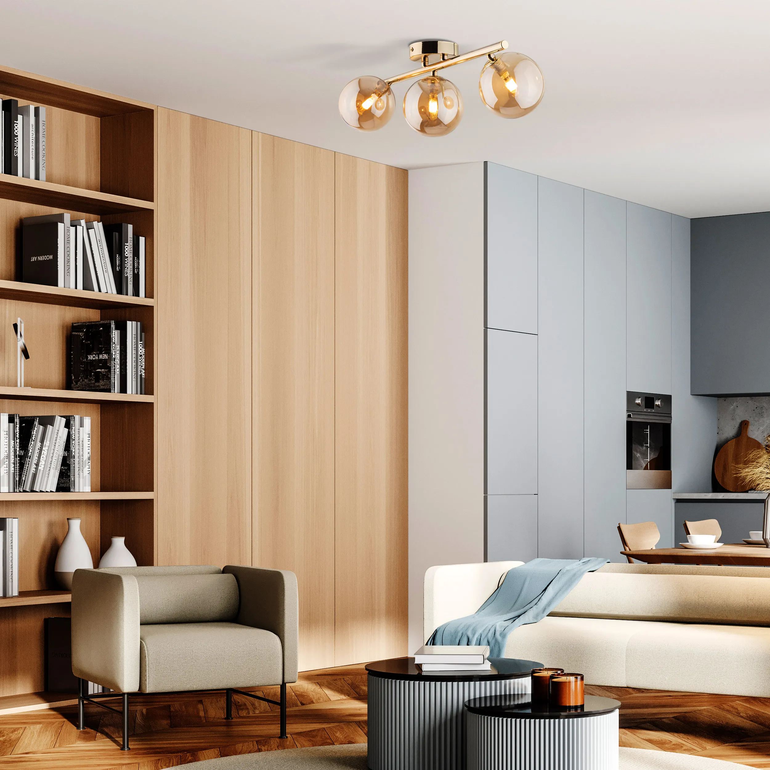 Lampa sufitowa Estera złota metalowa z bursztynowymi okrągłymi szklanymi kloszami 47x23x17cm - TK_5418