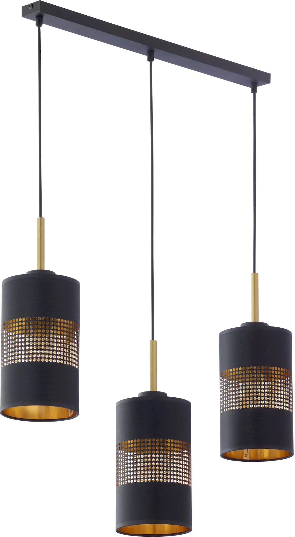 Lampa wisząca BOGART czarna ze złotymi elementami i wnętrzem kloszy na metalowej listwie 116x70x14cm