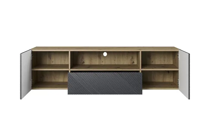 Szafka RTV ASHA 167 - szara - dąb artisan - ryflowany front - czarny stelaż — zdjęcie 3