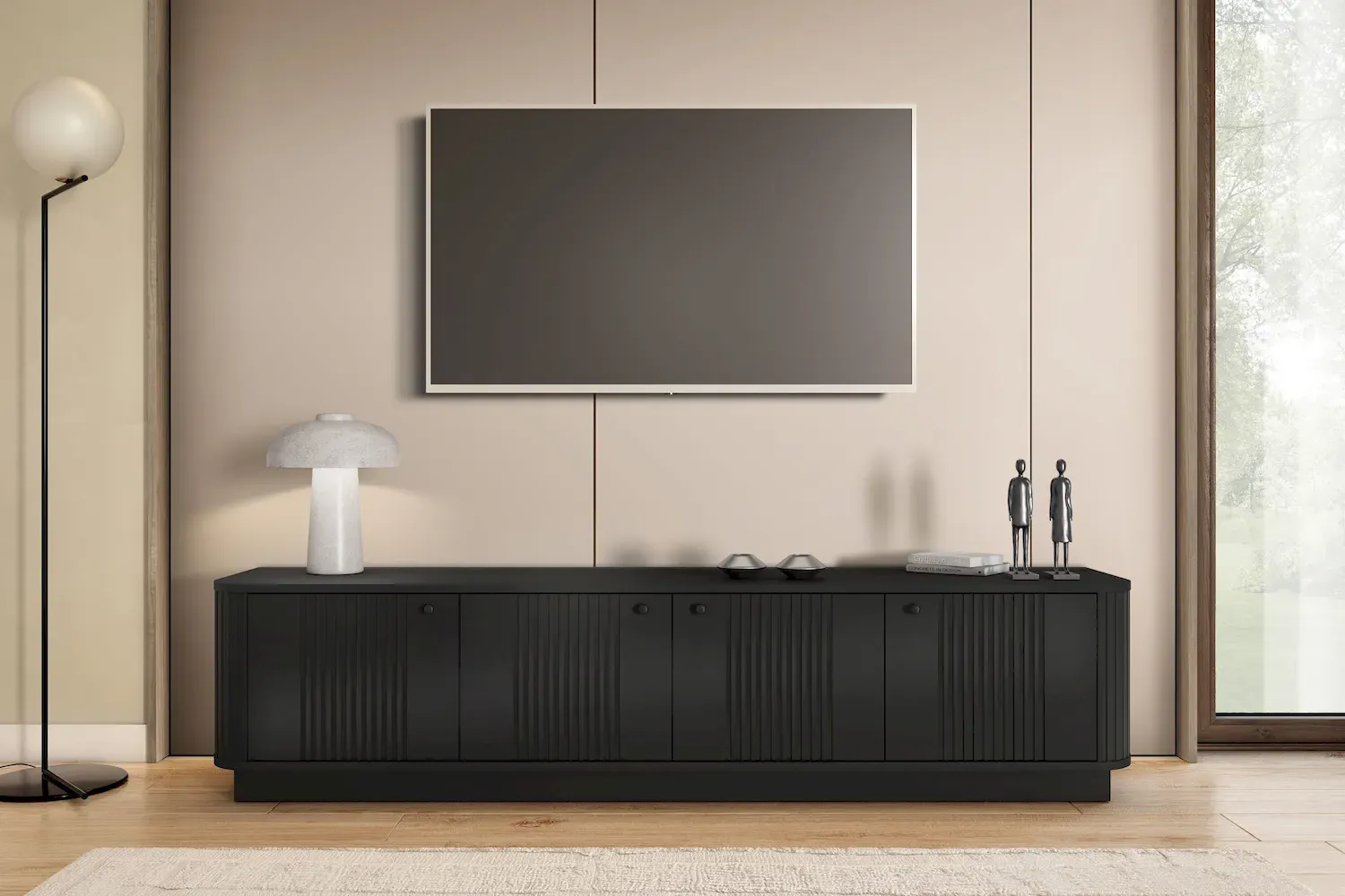 Szafka RTV 4-drzwiowa VESPER ryflowany front - czarny czarne uchwyty cokół - B_169458