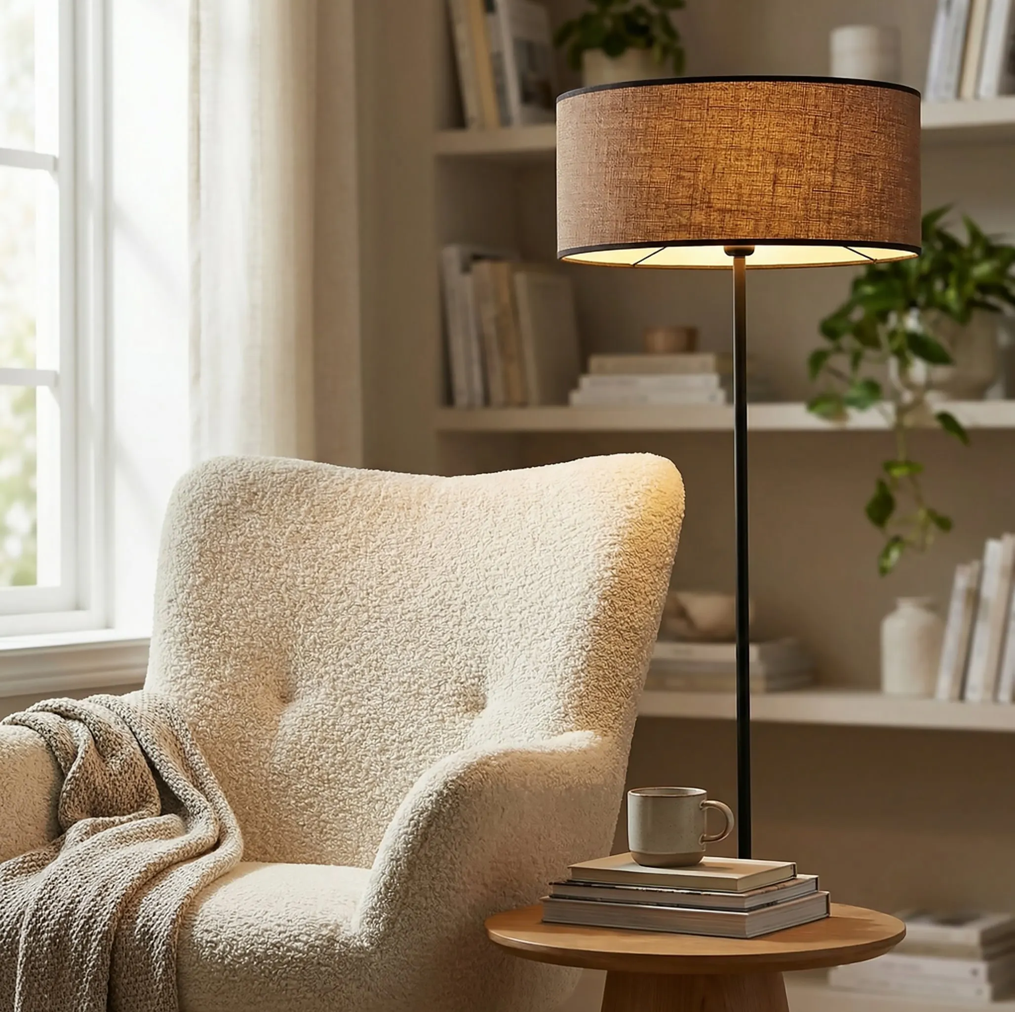image fotel, sofa, lampka, stolik, koc