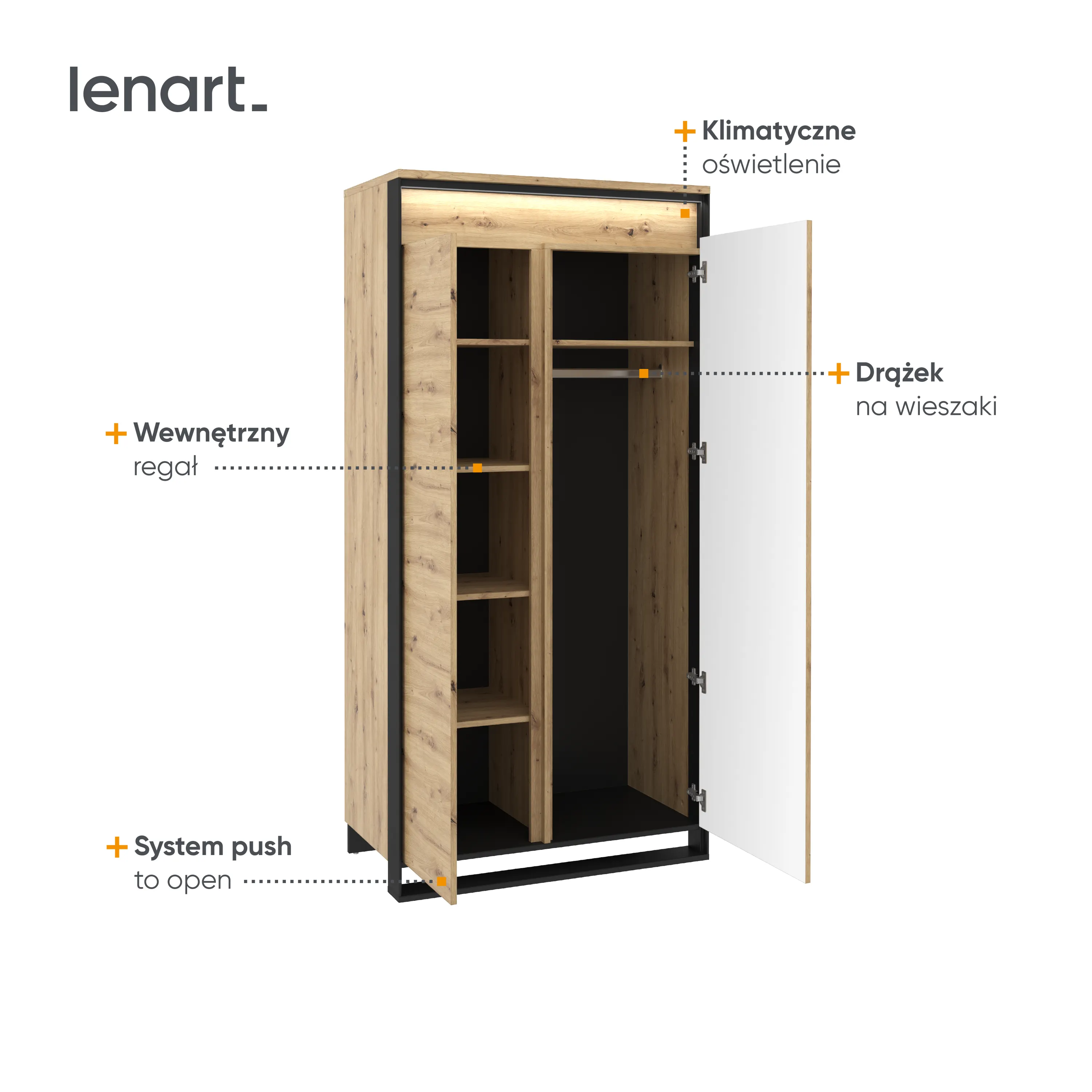 Szafa 2-drzwiowa 95cm LED Quant QA-01 dąb artisan/czarna - QA1DAC