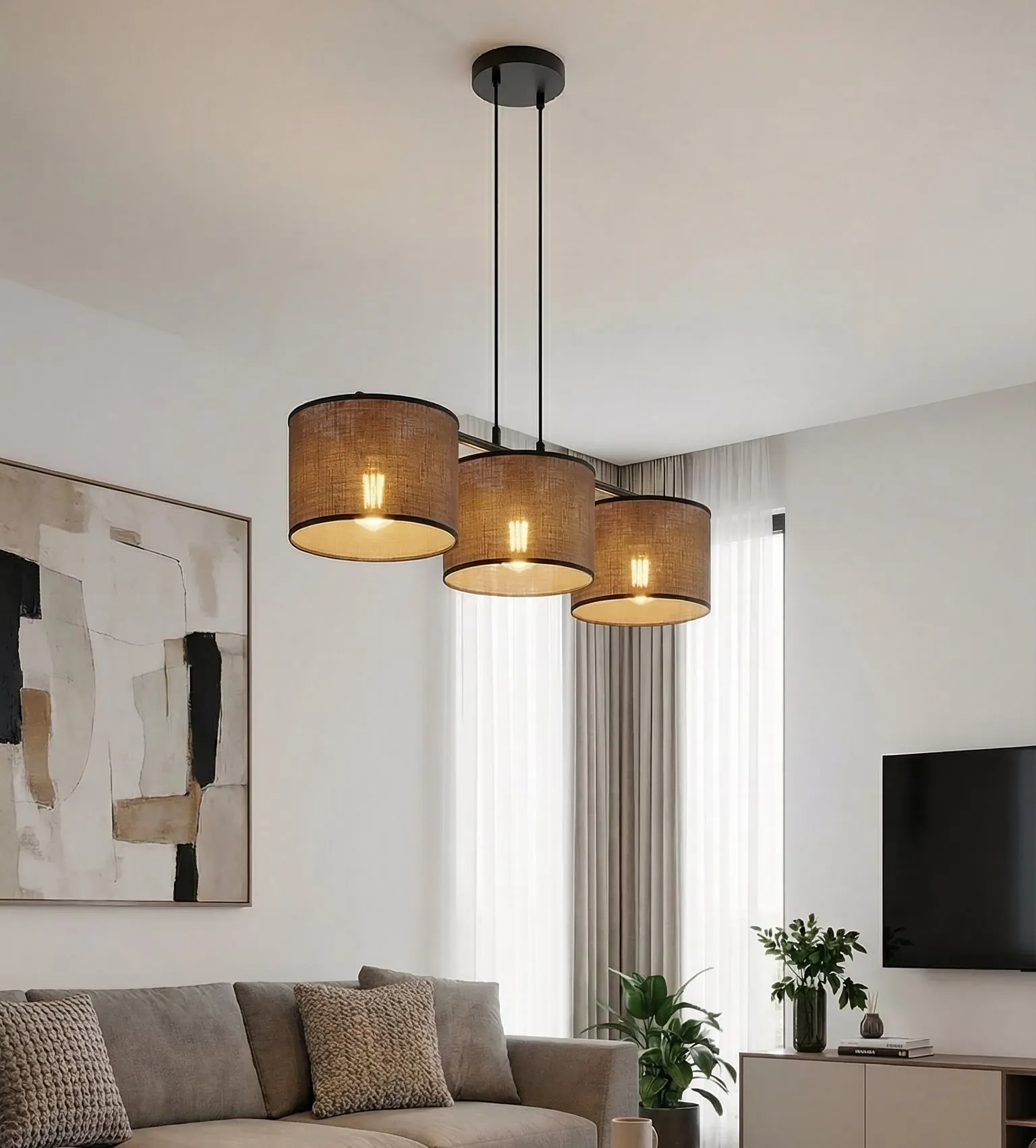 lampa wisząca, wisząca trzy klosze, korpus czarny, klosze brązowe, salonowy design