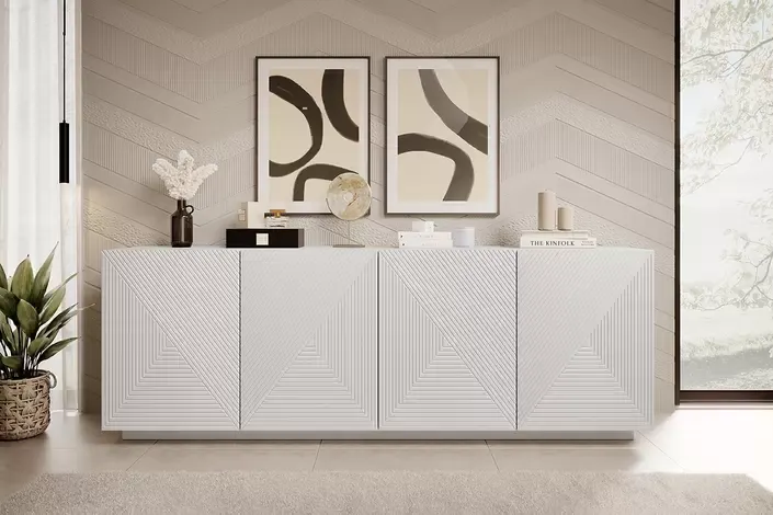 Komoda ASHA 200 4D - biały mat - ryflowany front - cokół - B_52728