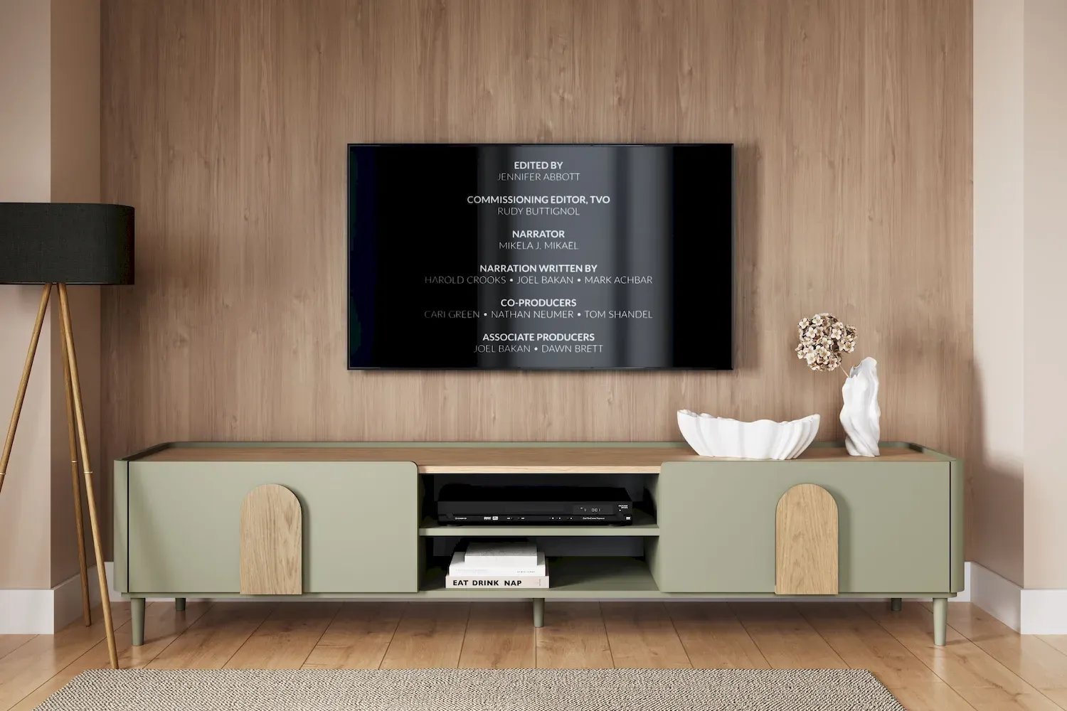 Safka RTV z klapą i szufladą AMILIO 220 - eukaliptus dąb baltic dune uchwyty dąb naturalny nogi eukaliptus - B_169228