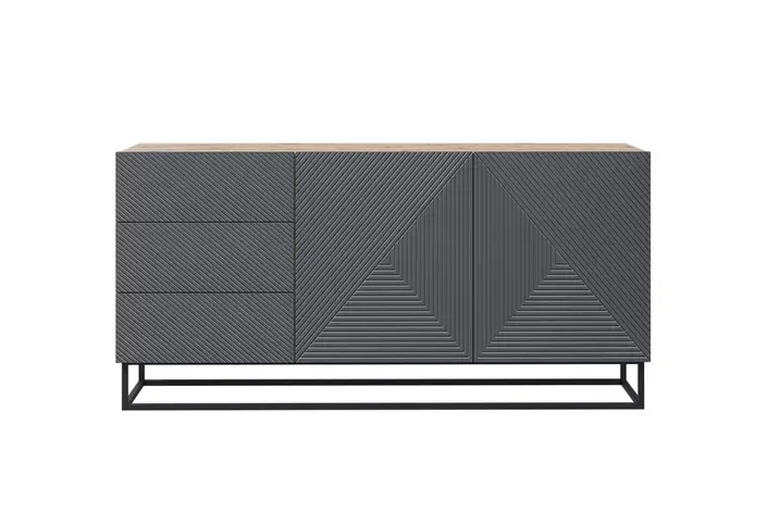 Komoda 2-drzwiowa z 3 szufladami ASHA 167 z szufladami - szara - dąb artisan z czarnym stelażem - ryflowany front - B_57066