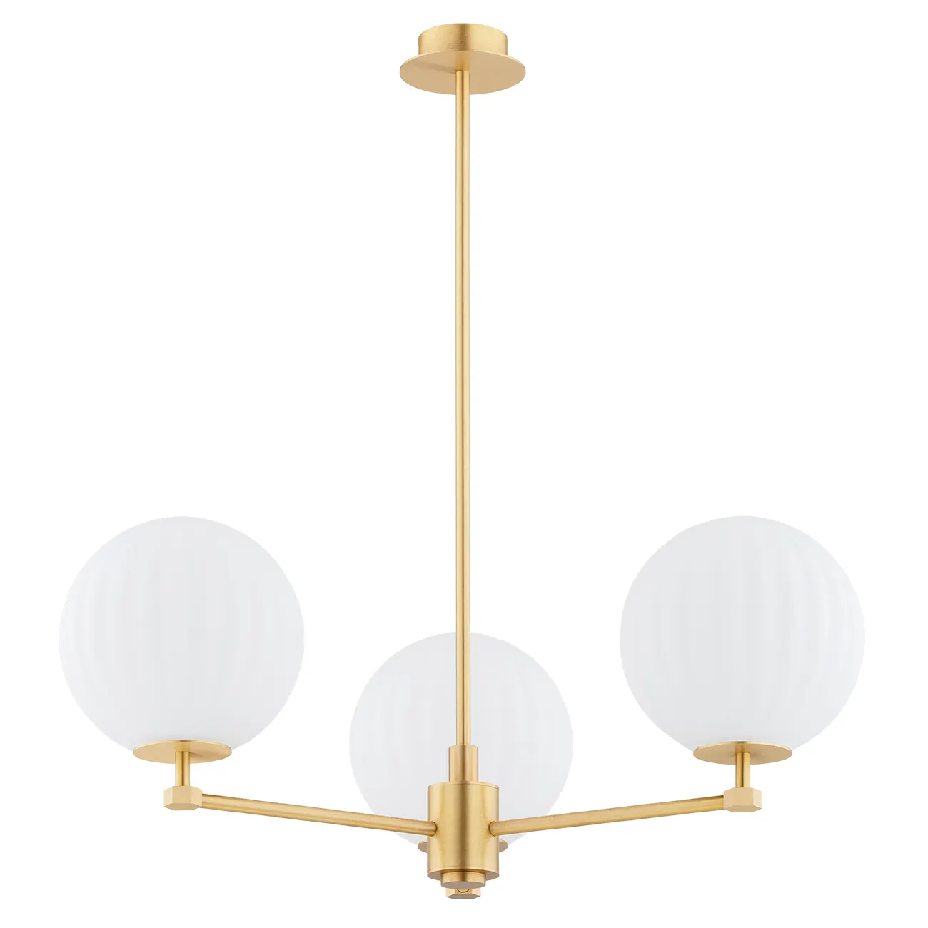 image lampa wisząca, złoty, metal, białe klosze, trzy/4 ramiona