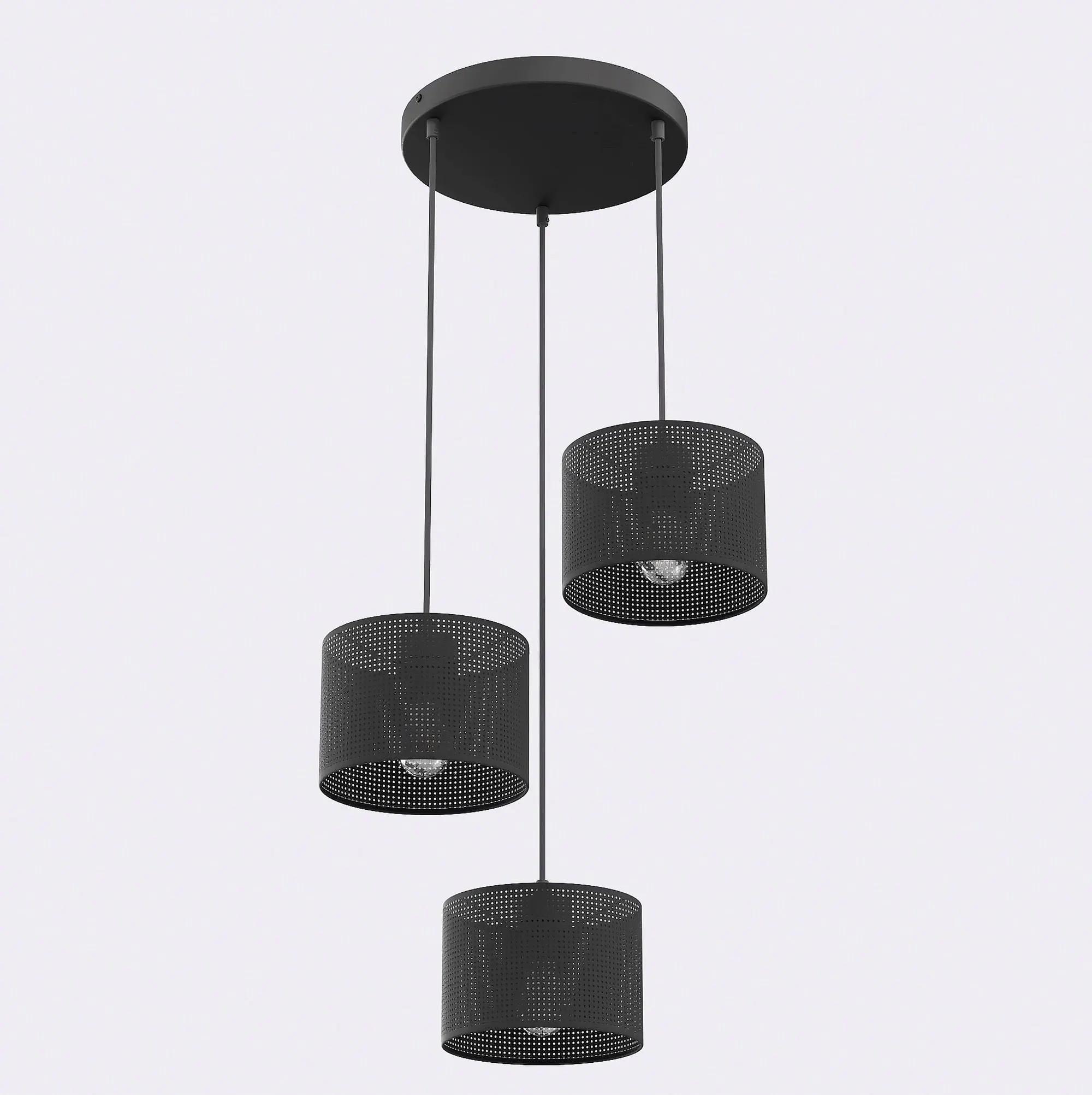 lampa wisząca, trzy kule, metalowa, czarna, perforowana