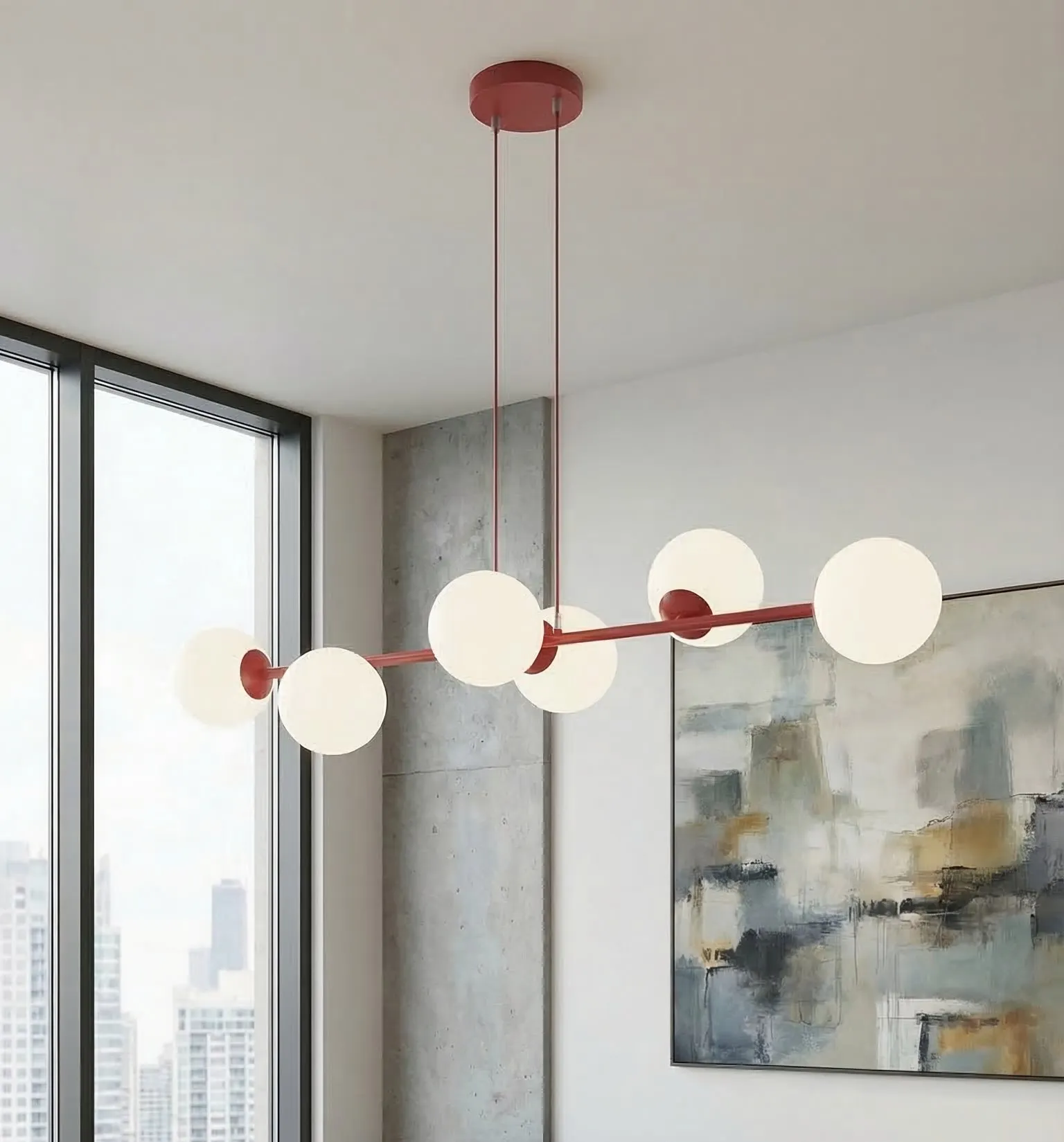image lampa wisząca, kule świetlne, kolor czerwony, nowoczesny design, LED