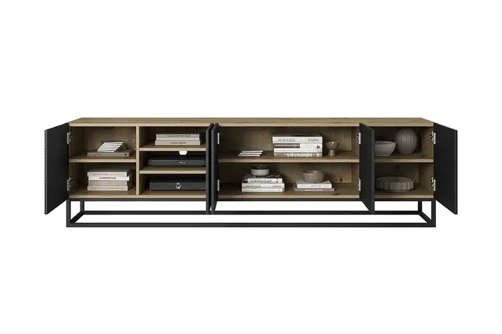 Szafka RTV ASHA 200 5D - czarny mat - dąb artisan - ryflowany front - stelaż czarny — zdjęcie 9