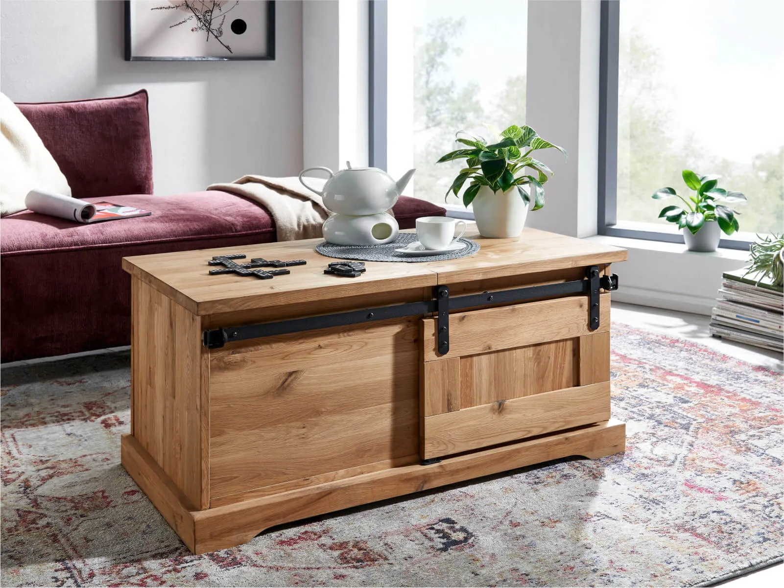 Stolik dębowy drewniany TIDY 102x47 z szafką i schowkiem dąb olejowany - GK_1034240601