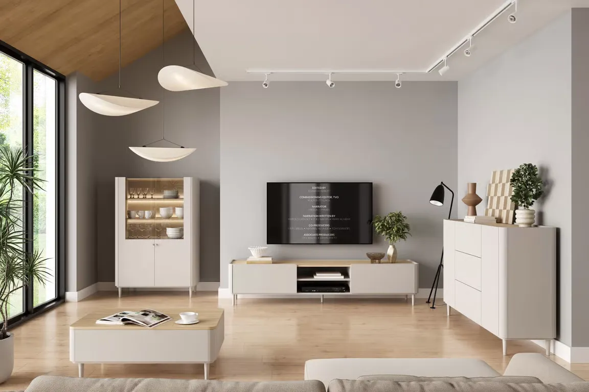 Szafka RTV z klapą i 1 szufladą ELIVO RTV 220cm drewniane nóżki cashmere dąb olejowany — zdjęcie 9