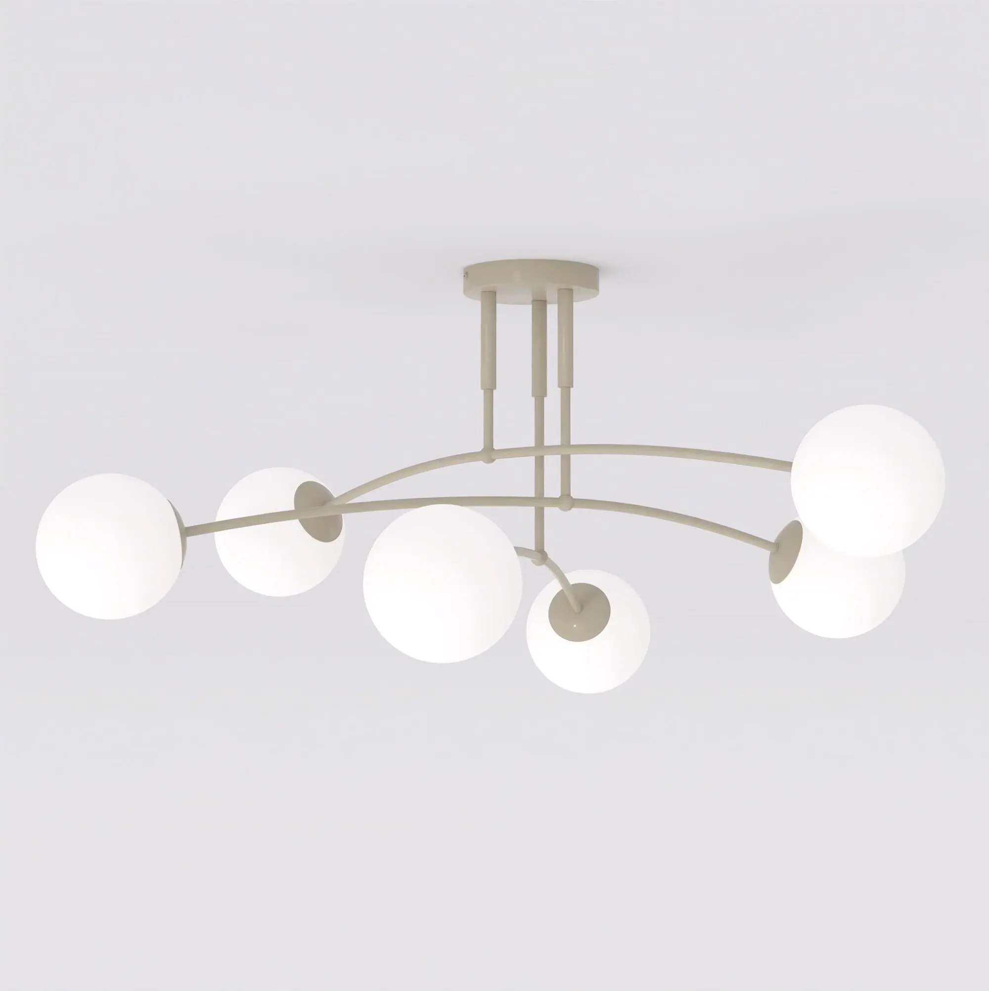lampa sufitowa, kula światła, metalowa lampa, biała kula, instalacja oświetleniowa